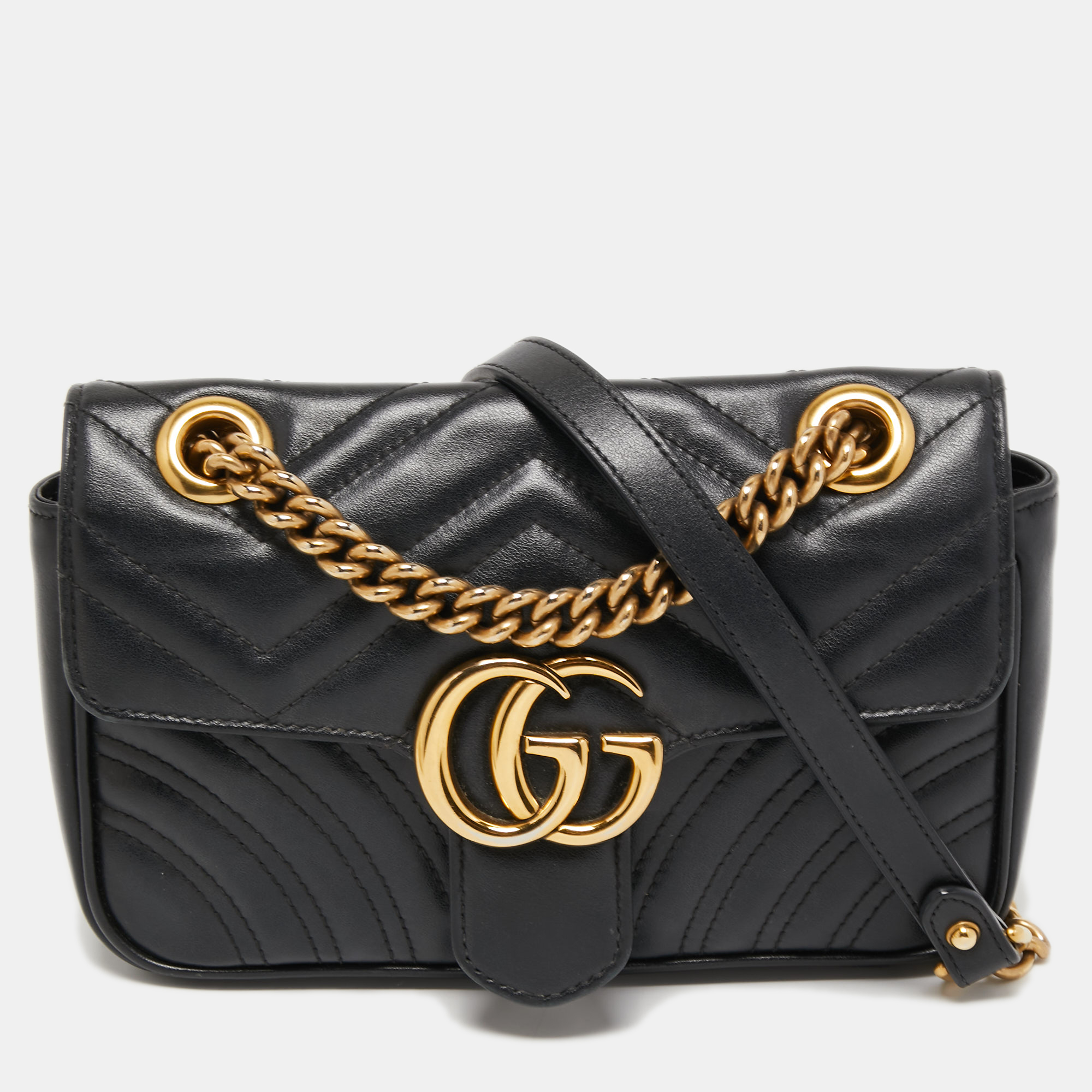 Gucci Black Matelassé Leather Mini GG Marmont Shoulder Bag