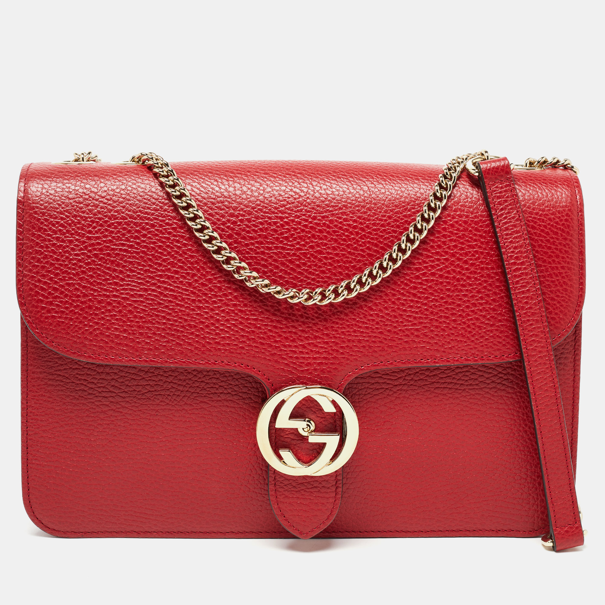 Pre Owned Gucci Red Leather Dollar Interlocking Shoulder Bag