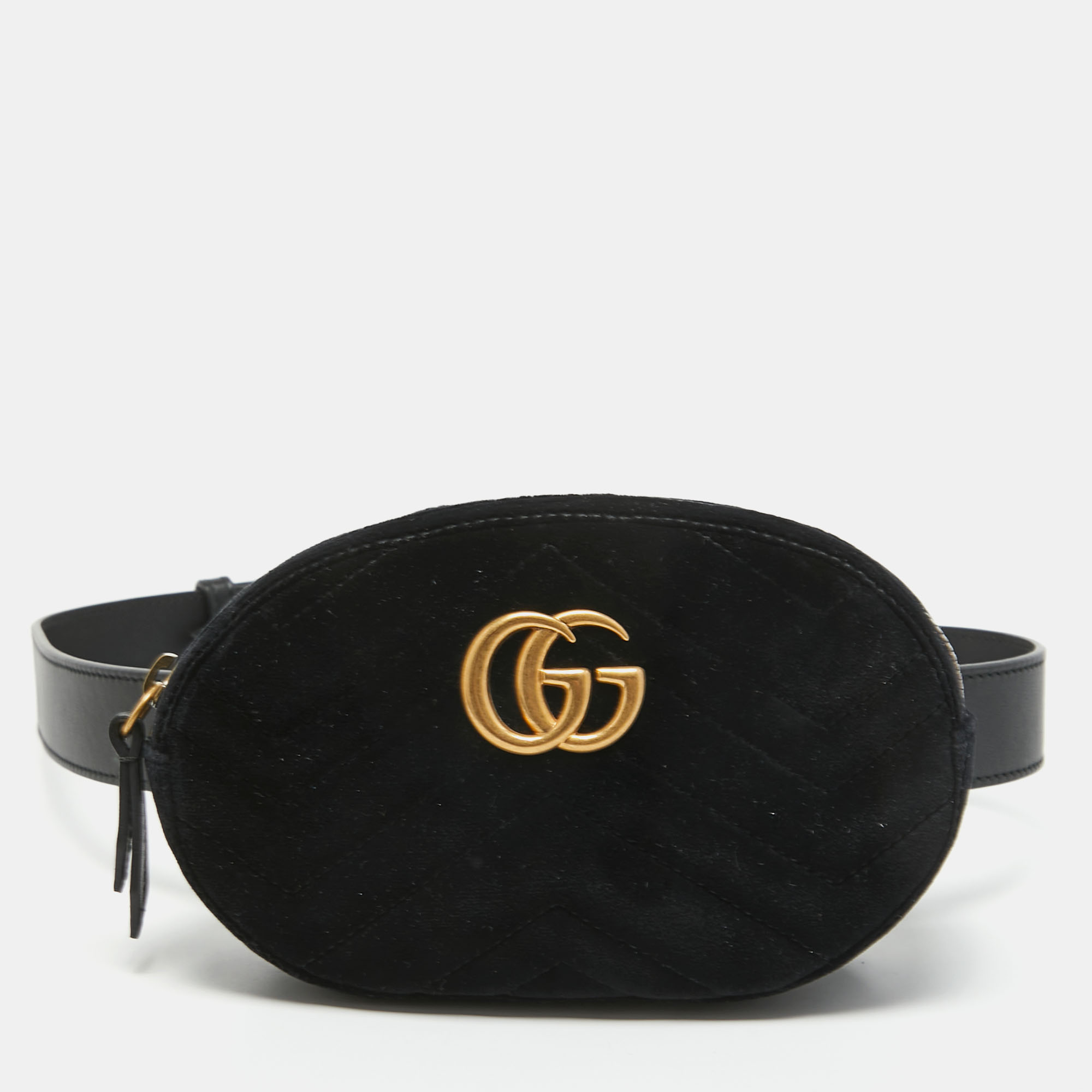 Pre-owned Gucci Black Matelassé Velvet Gg Marmont Belt Bag