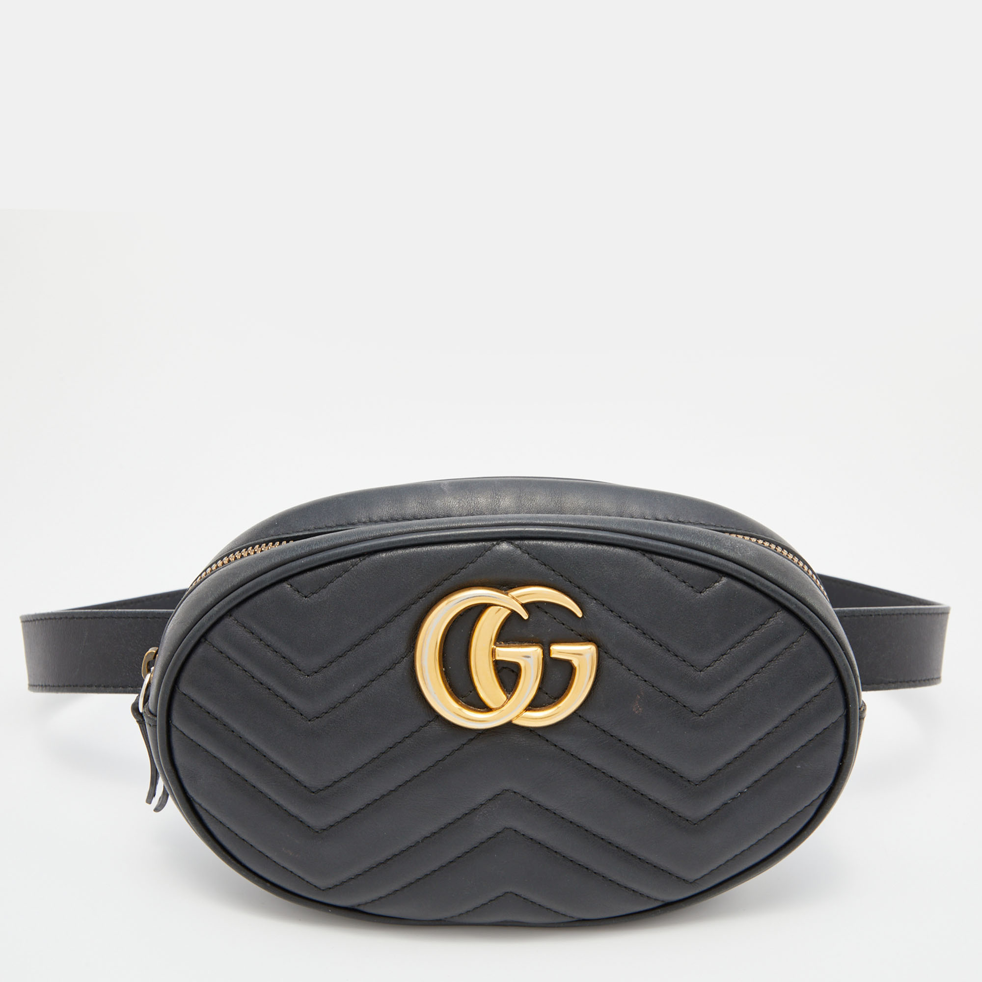 Pre-owned Gucci Black Matelassé Leather Gg Marmont Belt Bag