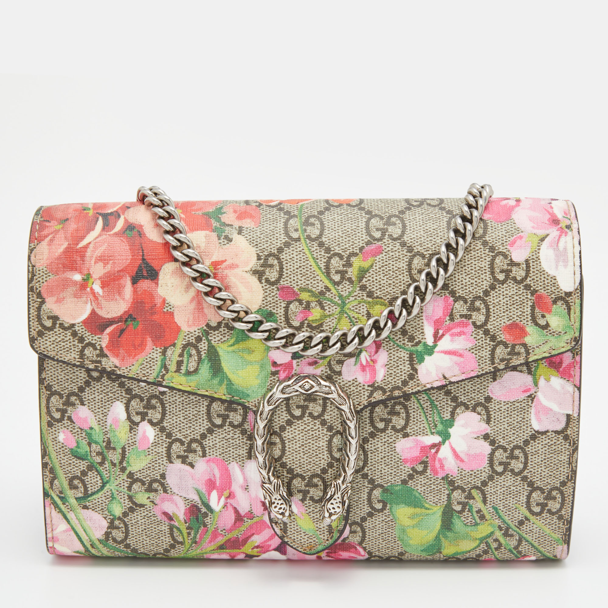 Pre-owned Gucci Multicolor Gg Supreme Blooms Canvas And Leather Dionysus Wallet On Chain