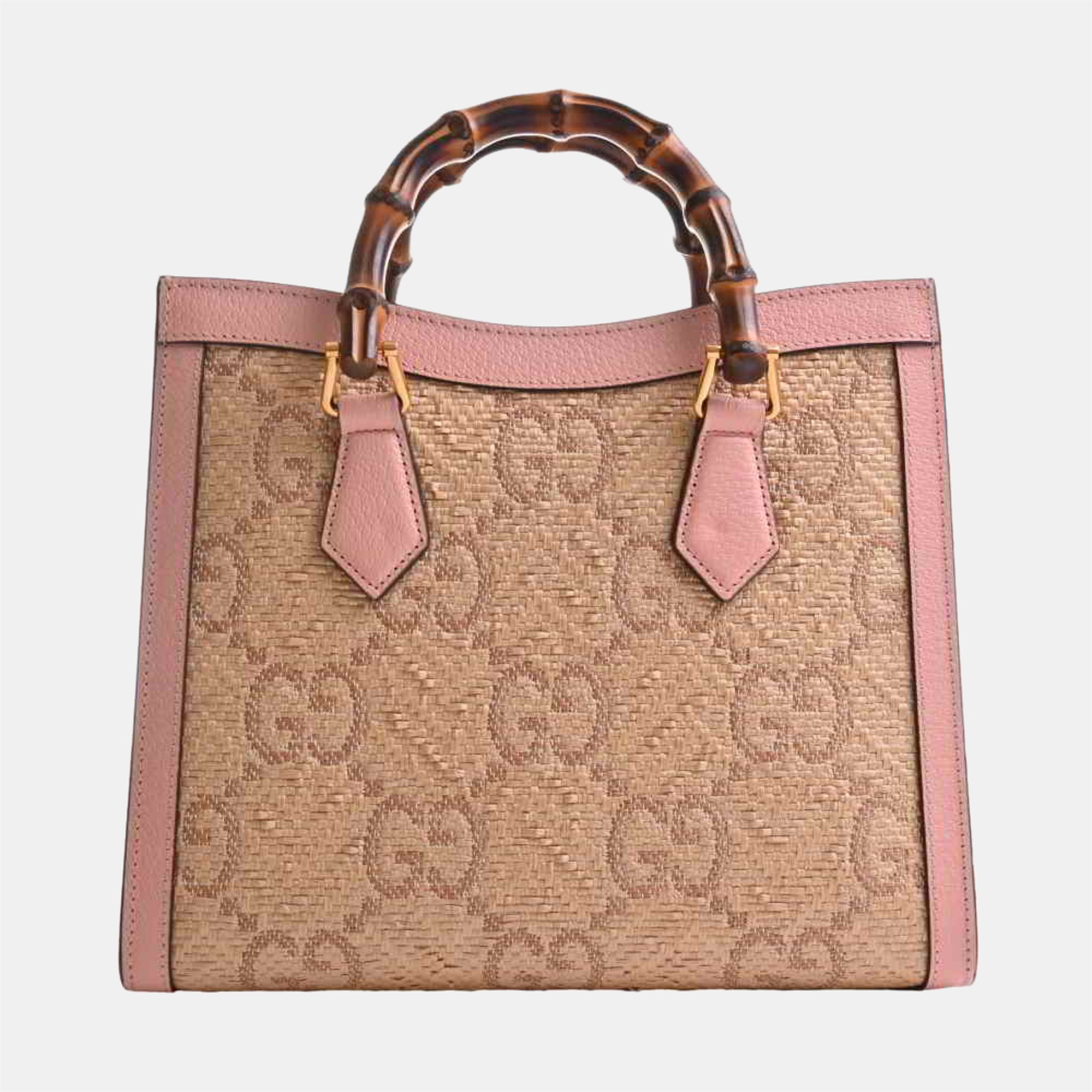 

Gucci Pink/Beige Leather Raffia Bamboo Diana Top Handle Bag