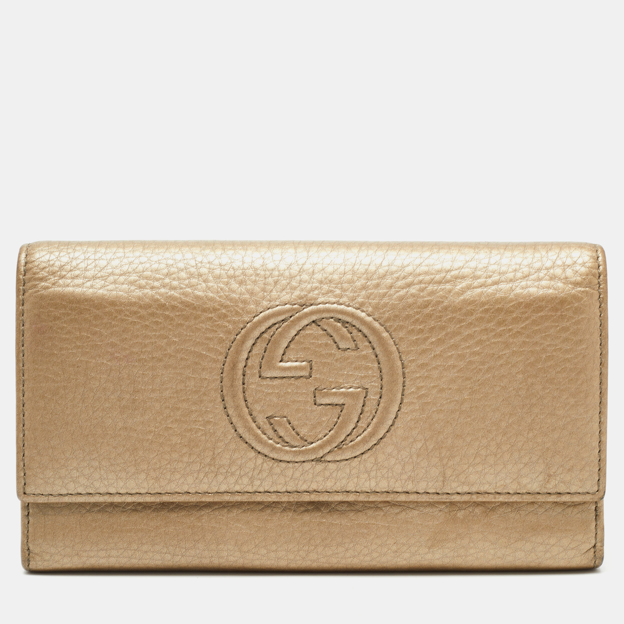 Pre-owned Gucci Metallic Beige Leather Soho Flap Continental Wallet