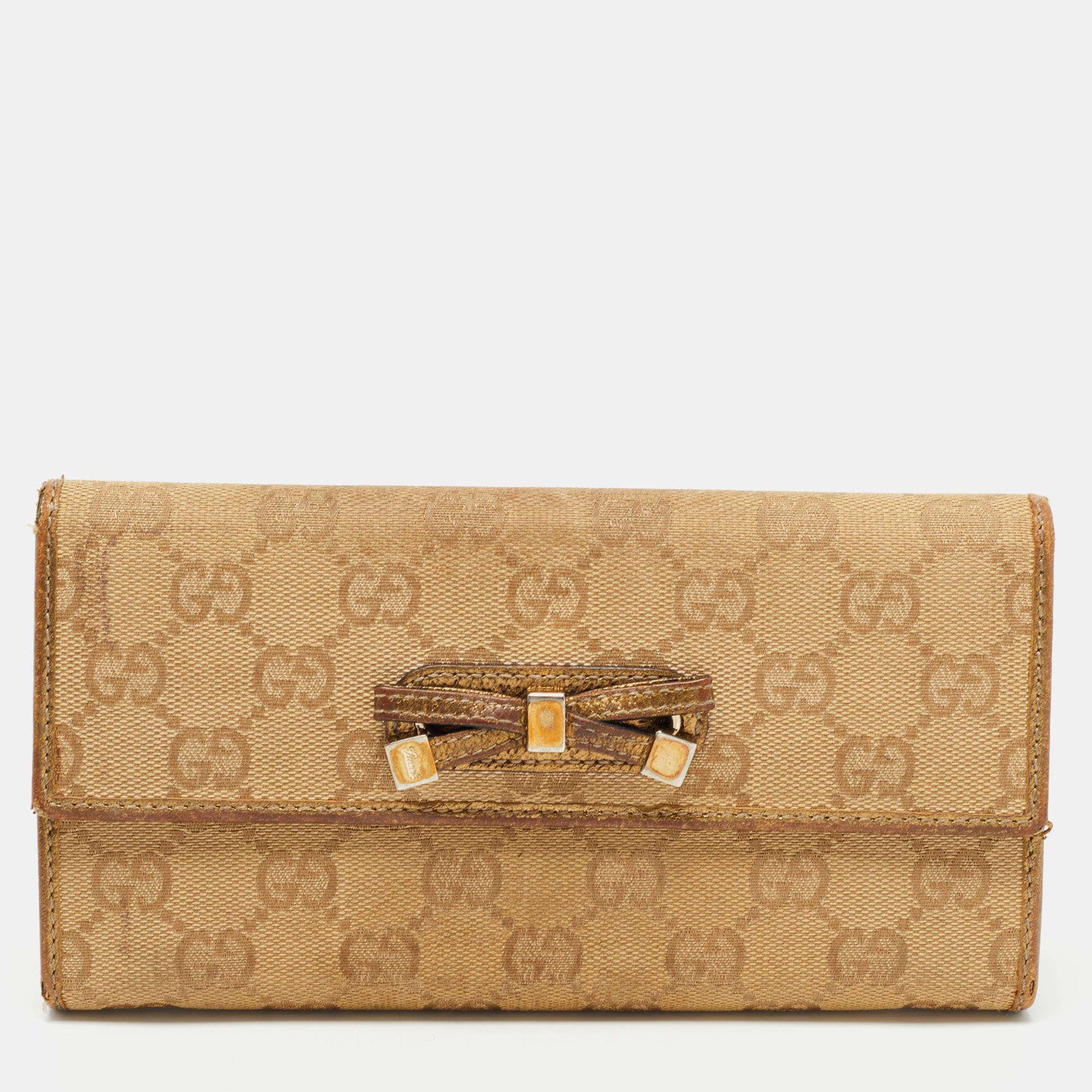 Pre-owned Gucci Gold/beige Gg Canvas And Leather Princy Continental Wallet