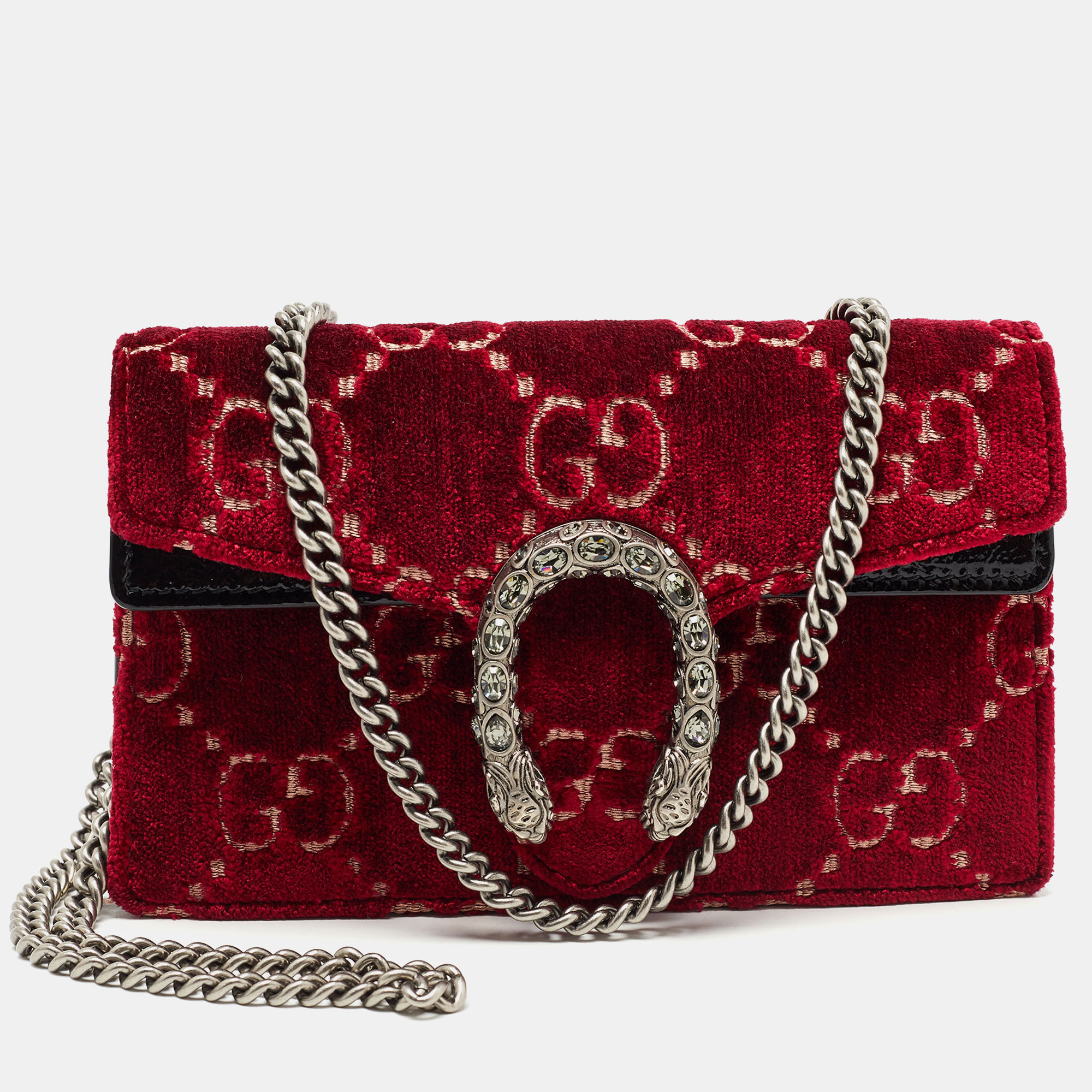 Gucci Red GG Velvet and Patent Leather Super Mini Dionysus Crossbody Bag