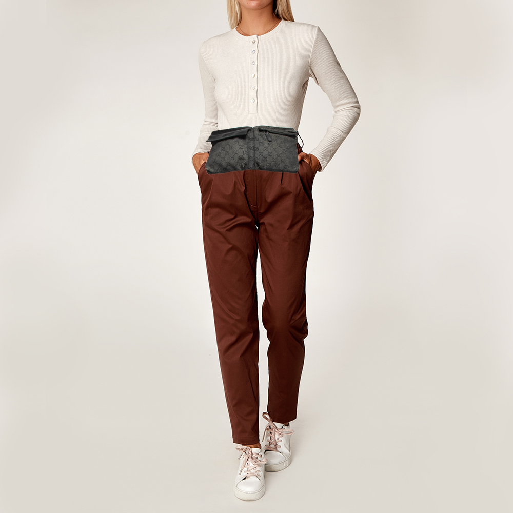 

Gucci Black GG Denim and Leather Double Pocket Belt Bag