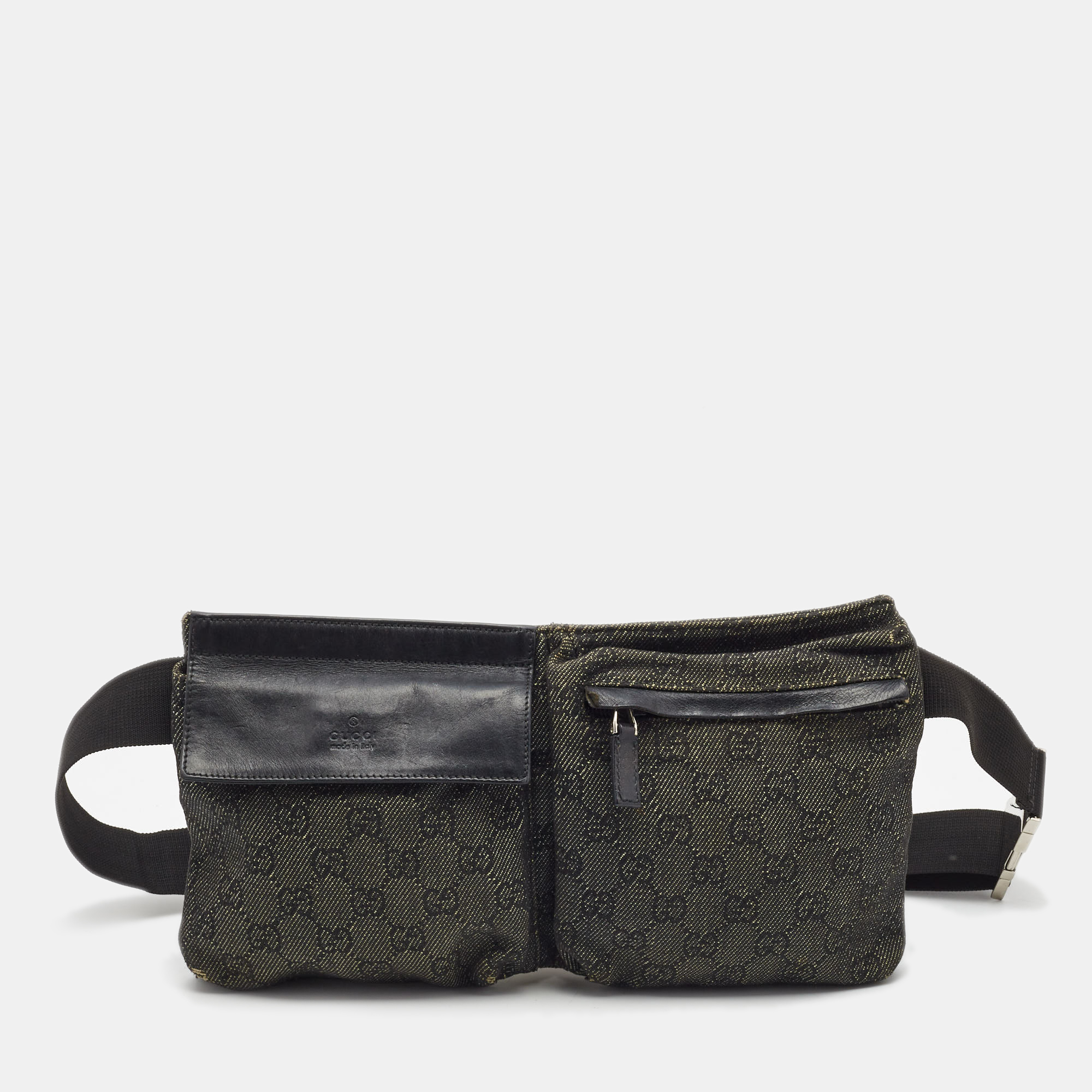 Pre-owned Gucci Black Gg Denim And Leather Double Pocket Belt Bag
