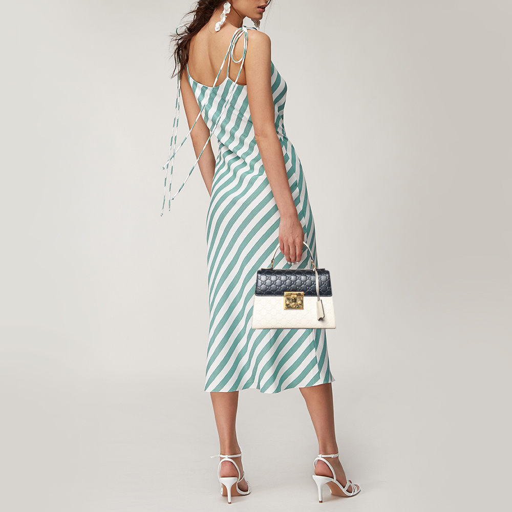 

Gucci Off White/Black Guccissima Leather Small Padlock Top Handle Bag