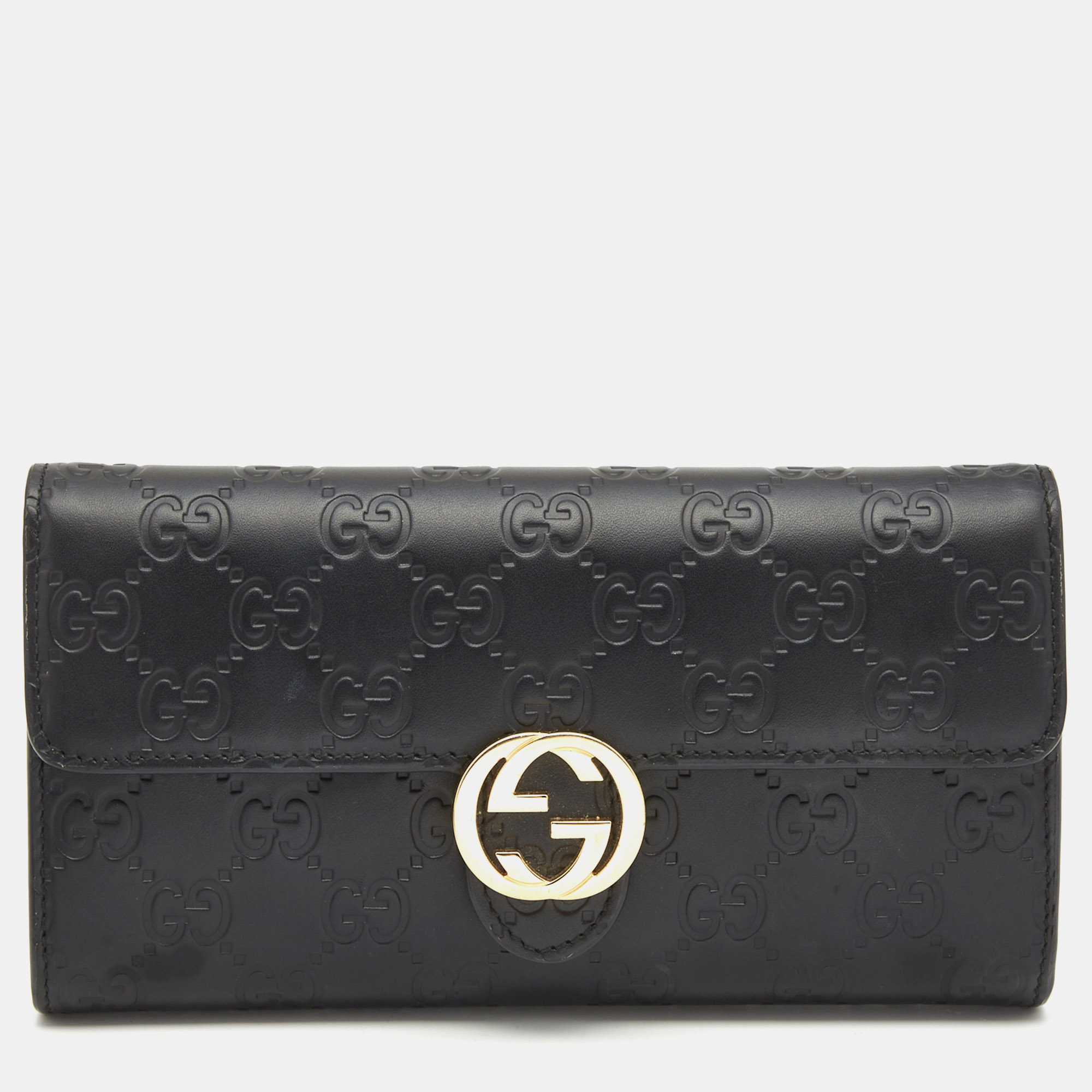 Pre-owned Gucci Ssima Leather Gg Icon Continental Wallet In Black