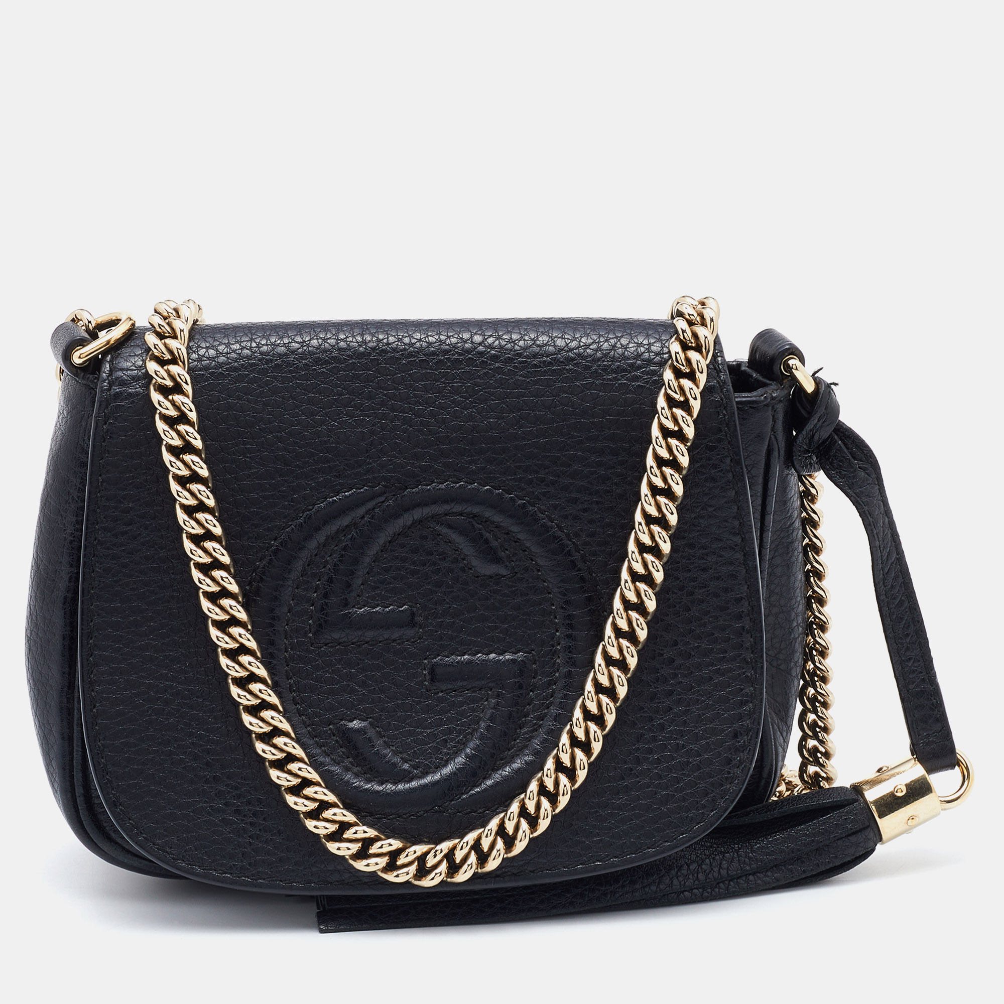 Pre-owned Gucci Black Leather Soho Flap Chain Crossbody Bag