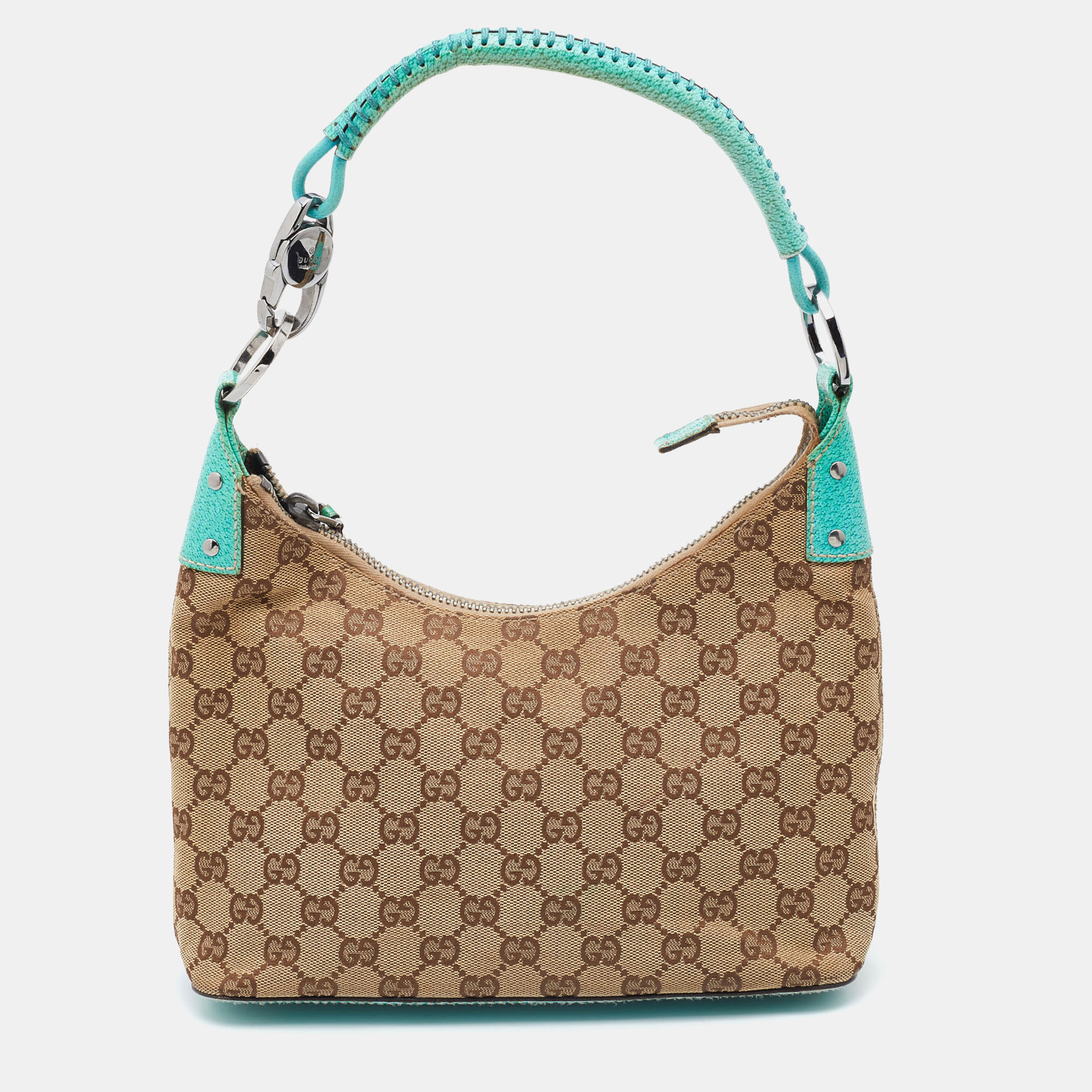 Pre-owned Gucci Beige/green Gg Canvas And Leather Hobo