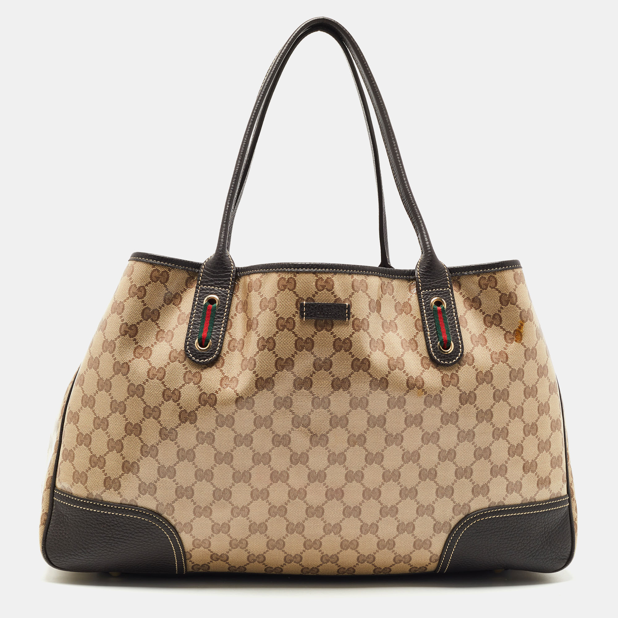 Pre-owned Gucci Brown/beige Gg Crystal Canvas And Leather Large Princy Tote