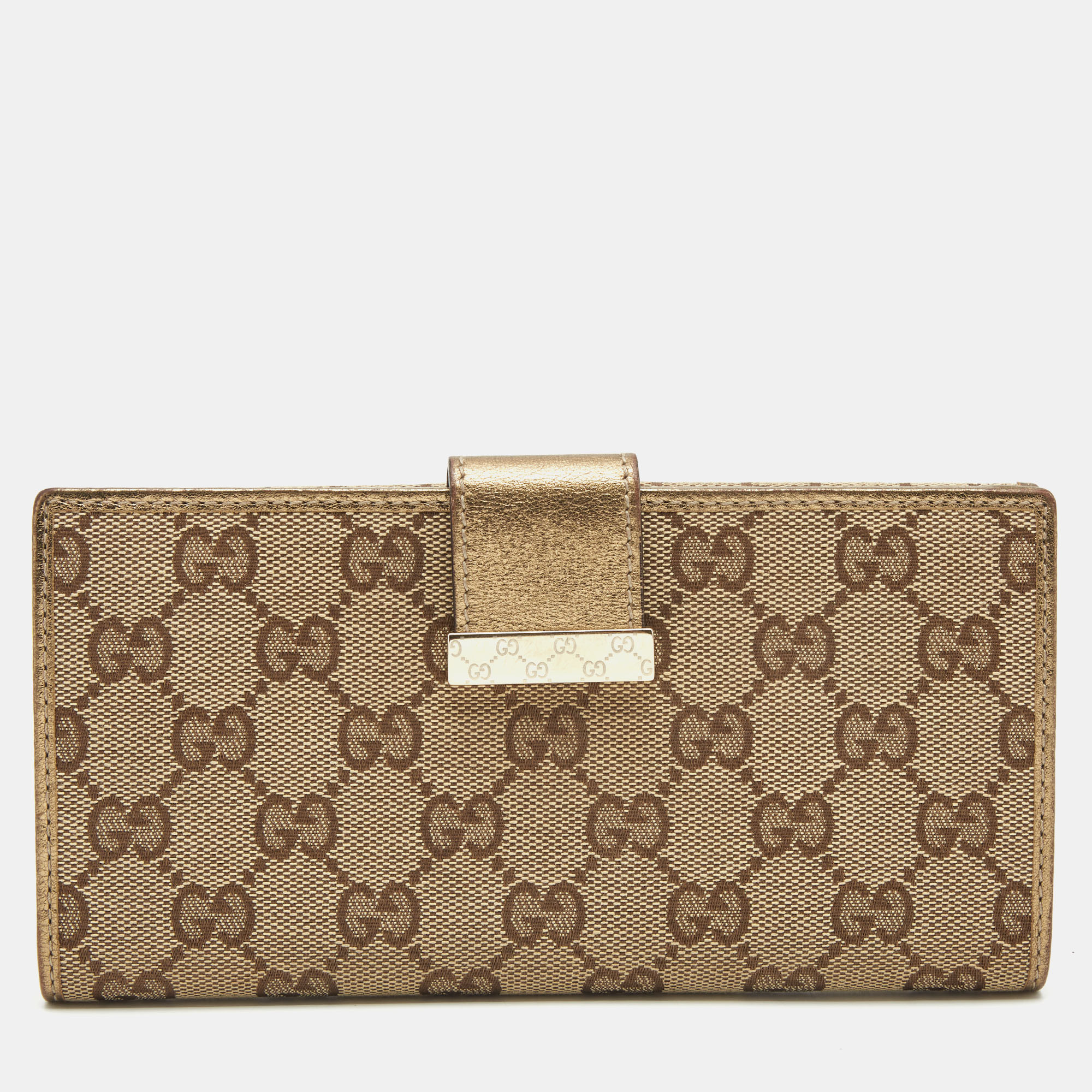 Pre-owned Gucci Gold/beige Gg Canvas And Leather Flap Continental Wallet
