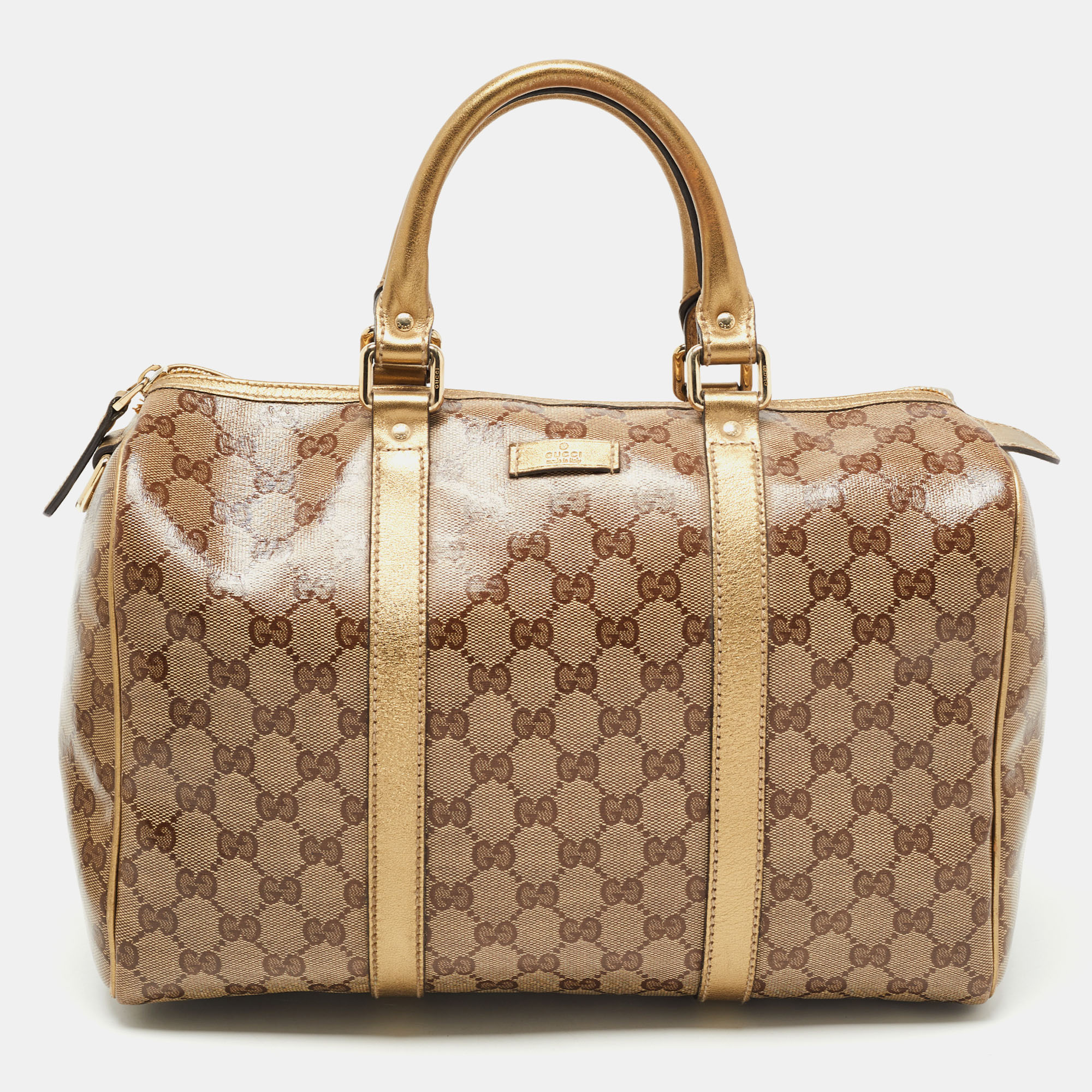 Pre-owned Gucci Gold/beige Gg Crystal Canvas And Leather Medium Joy Boston Bag