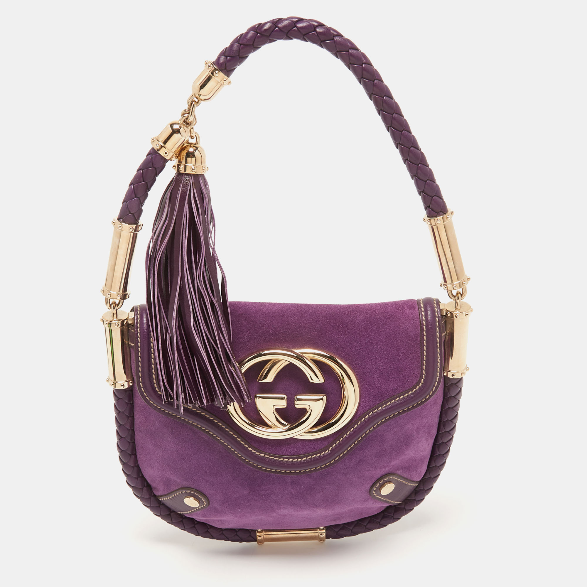 Pre-owned Gucci Purple Leather And Suede Small Britt Tassel Hobo