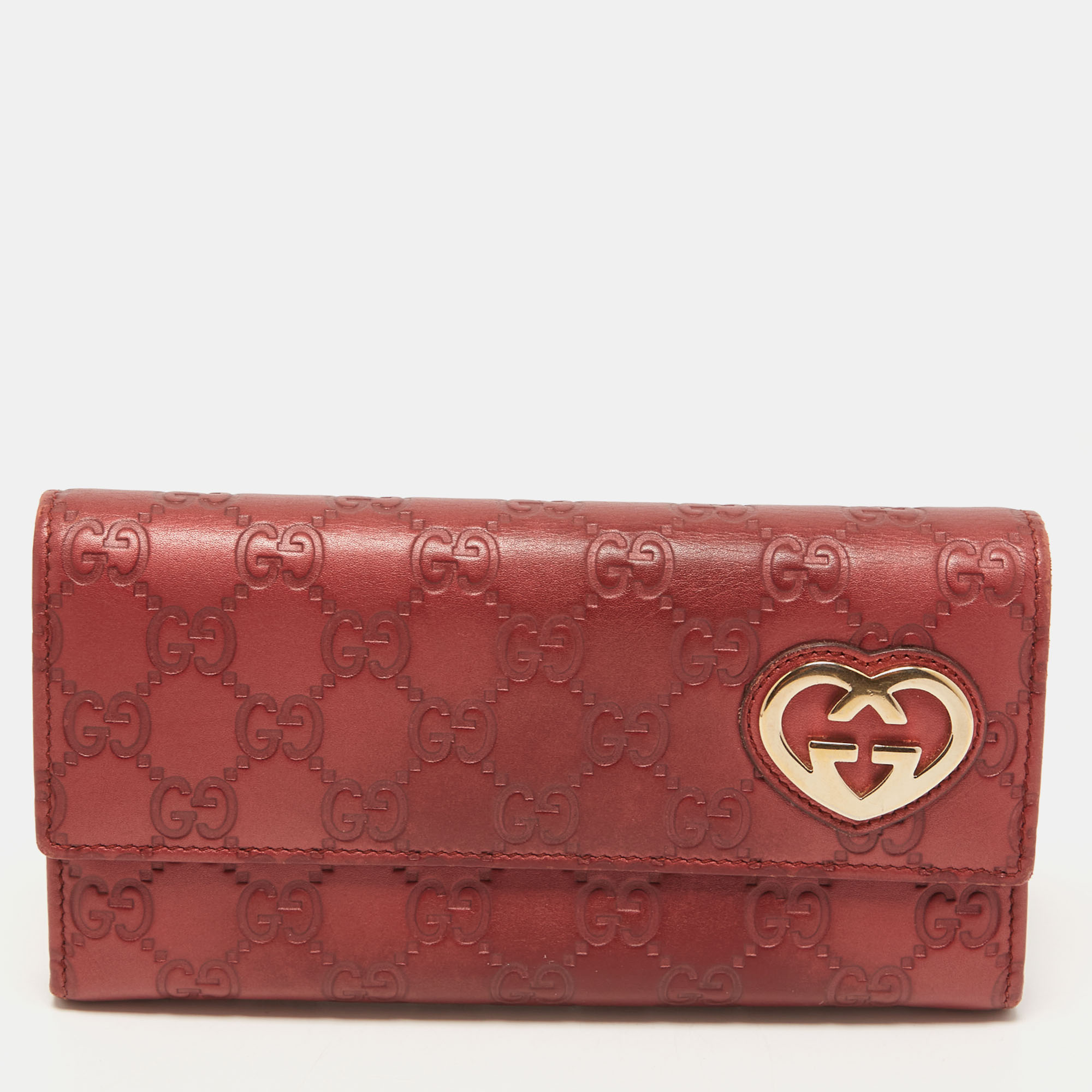 Pre-owned Gucci Sima Leather Lovely Heart Continental Wallet In Red