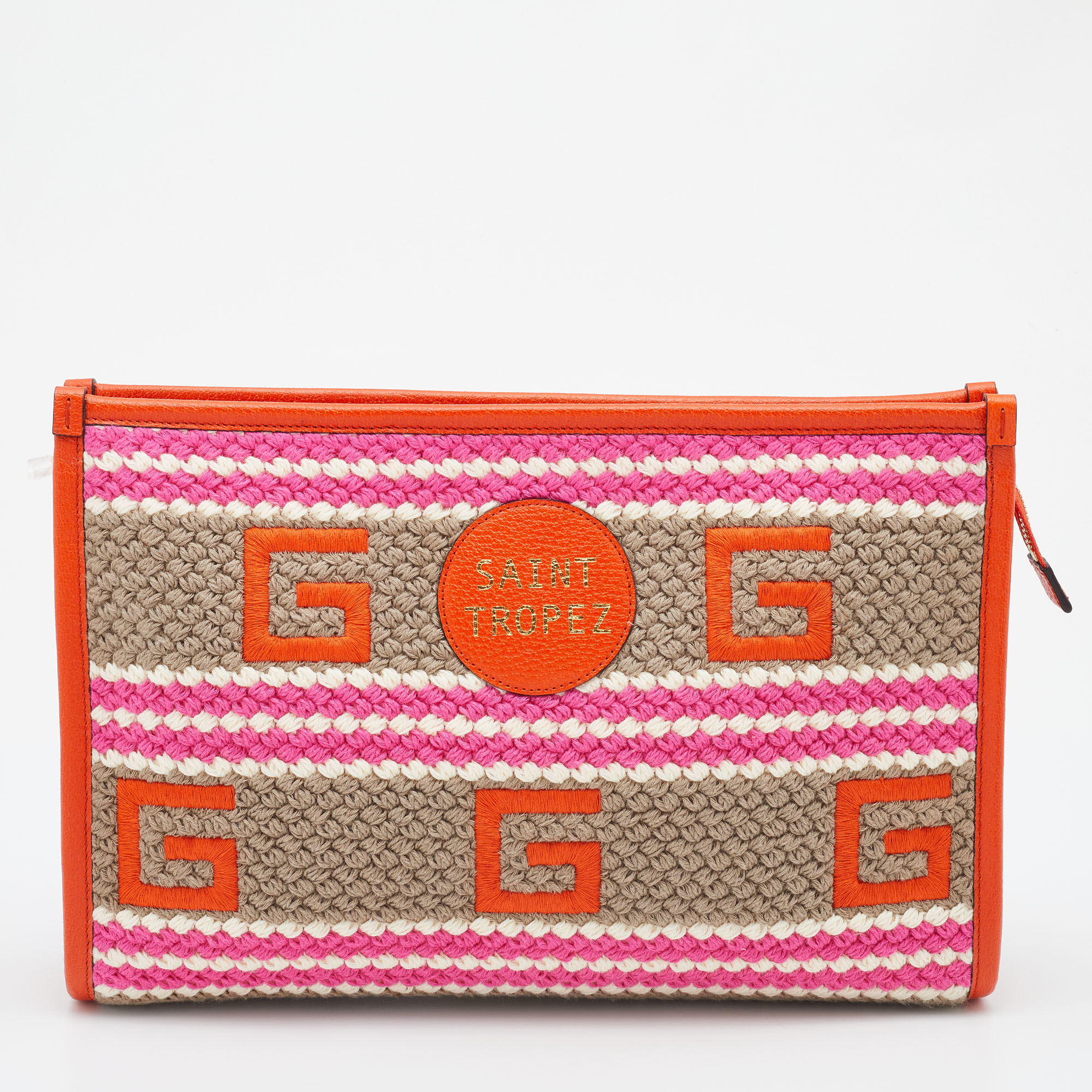 Pre-owned Gucci Multicolor Crochet Fabric And Leather Saint Tropez Zip Pouch