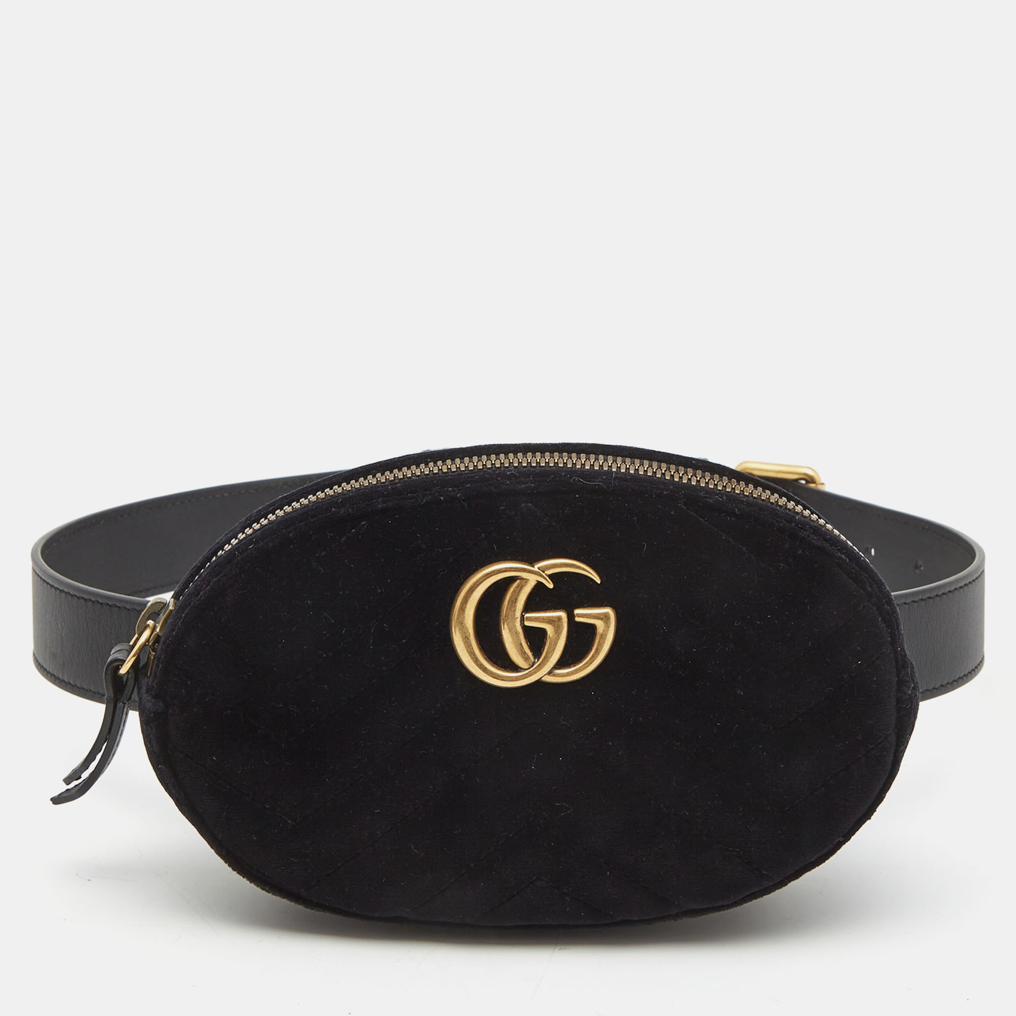 Pre-owned Gucci Black Matelassé Velvet Gg Marmont Belt Bag