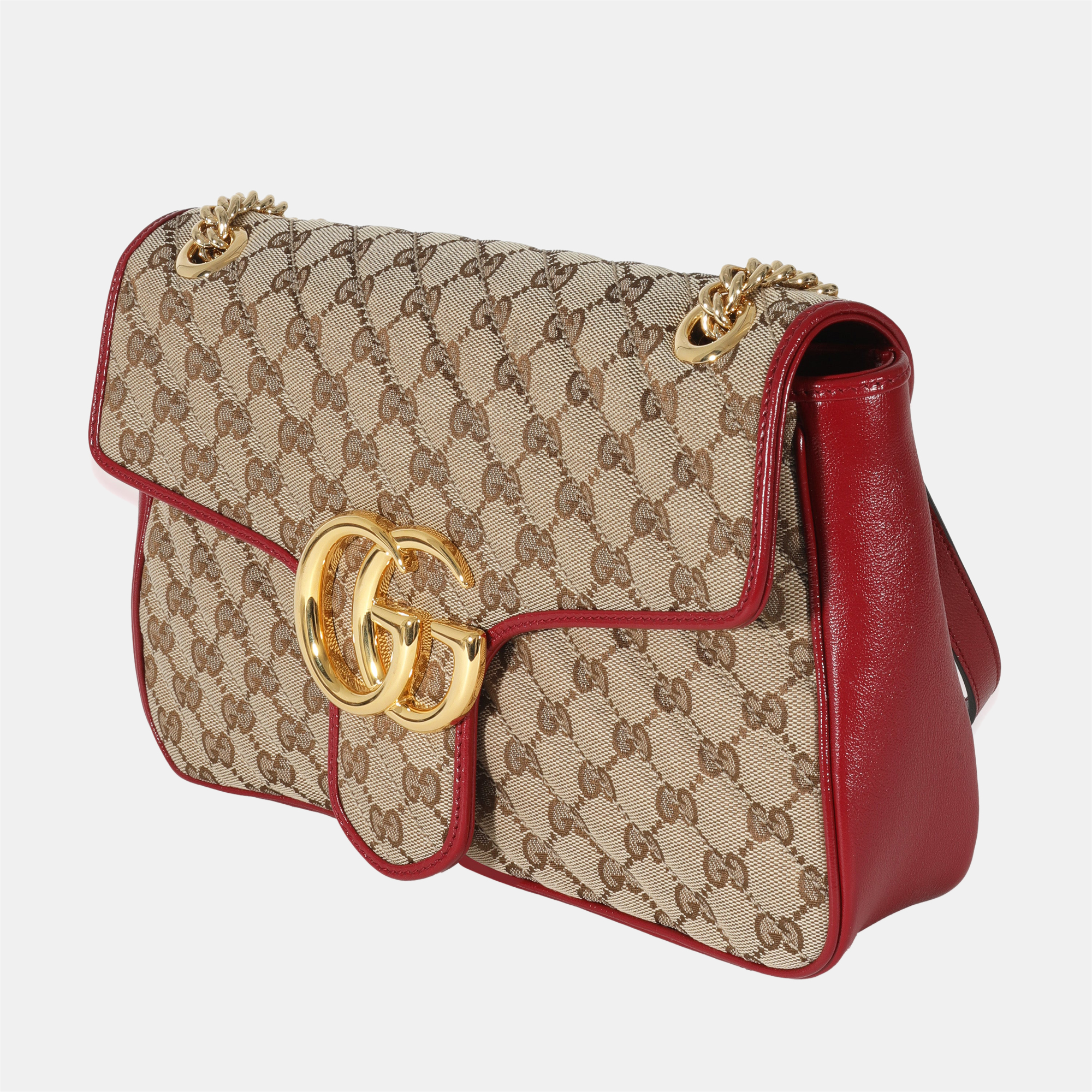 

Gucci Beige Diagonal GG Canvas & Hibiscus Red Medium Marmont Bag