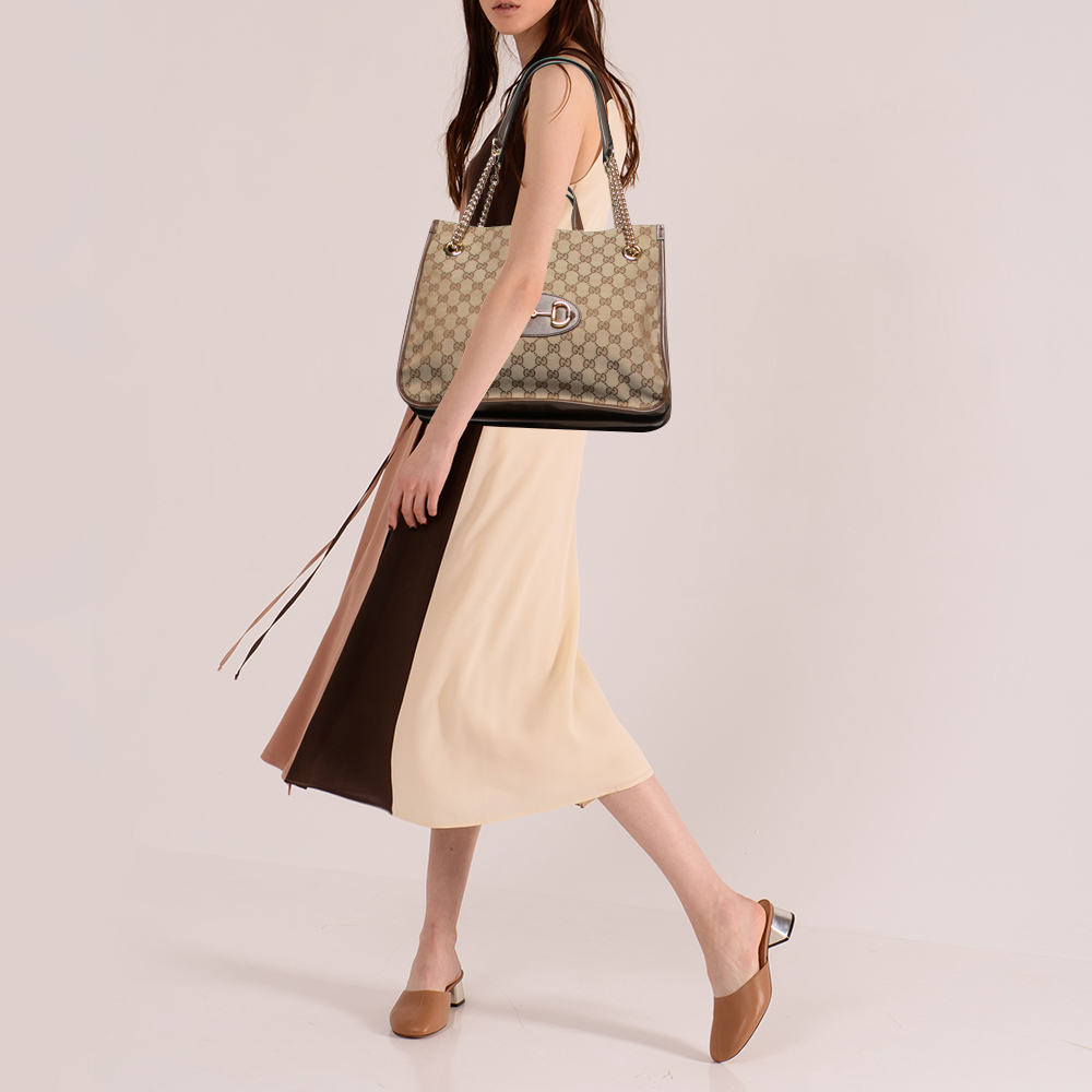 

Gucci Brown/Beige GG Canvas and Leather Medium 1955 Horsebit Tote