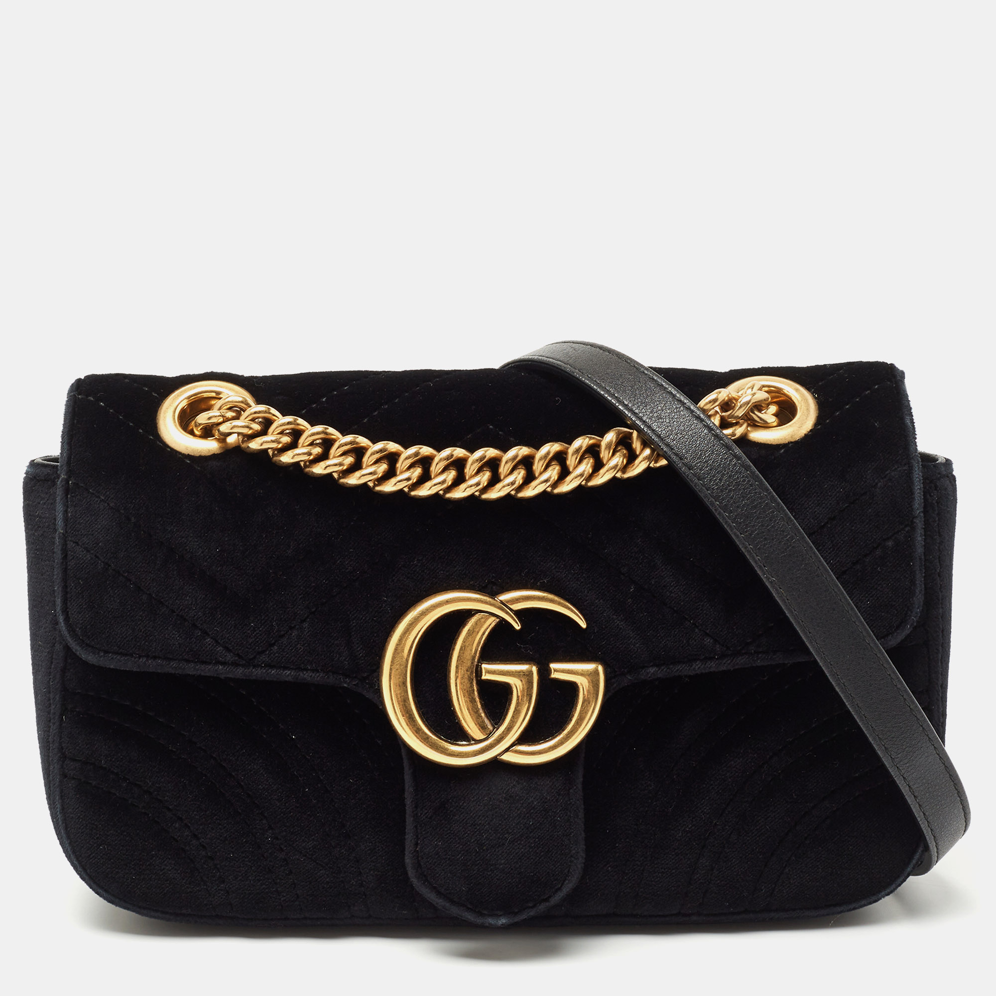 Pre Owned Gucci Black Matelassé Velvet Mini GG Marmont Shoulder Bag