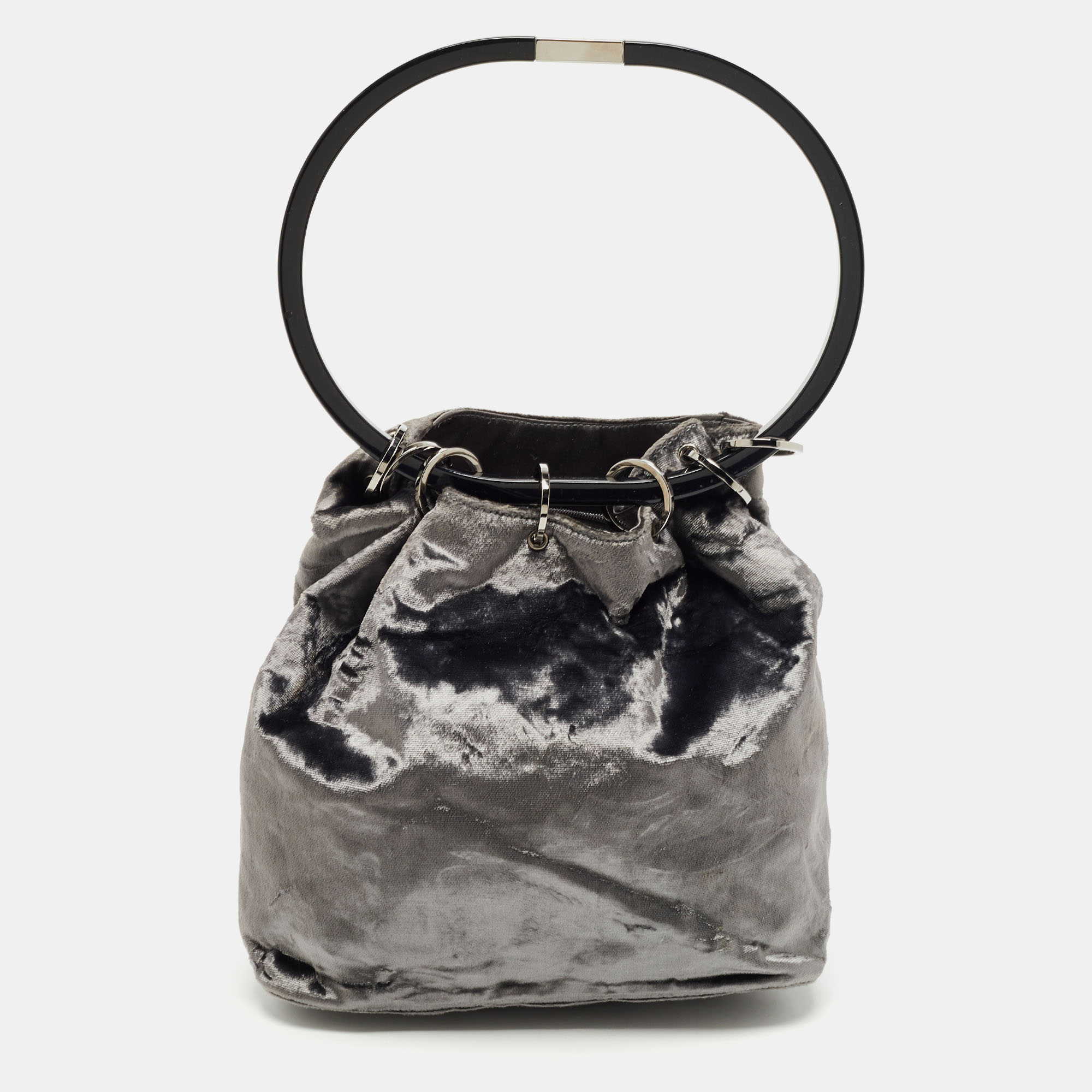 Pre-owned Gucci Grey Velvet Ring Loop Handle Bucket Bag