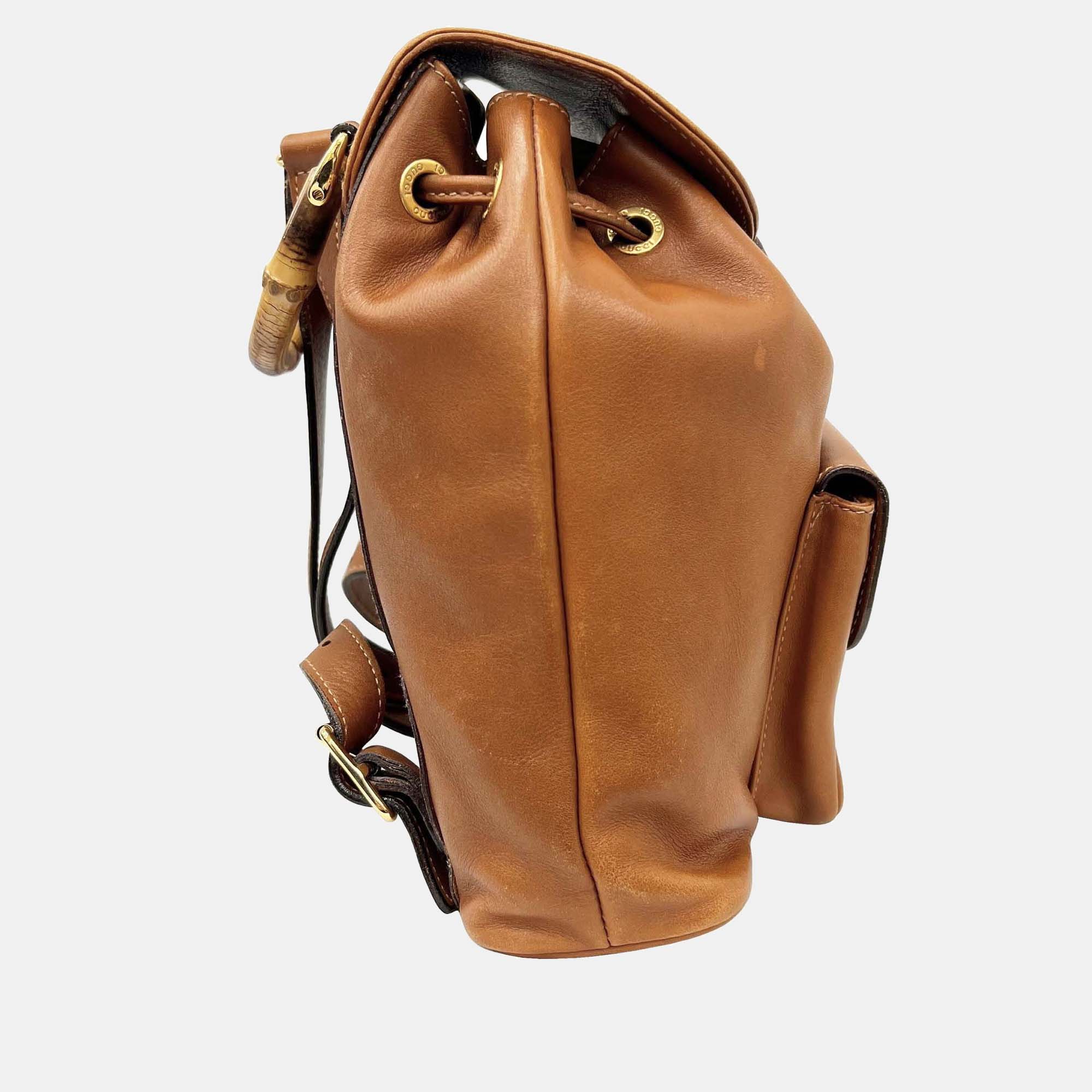 

Gucci Brown Leather Bamboo Backpack Bag