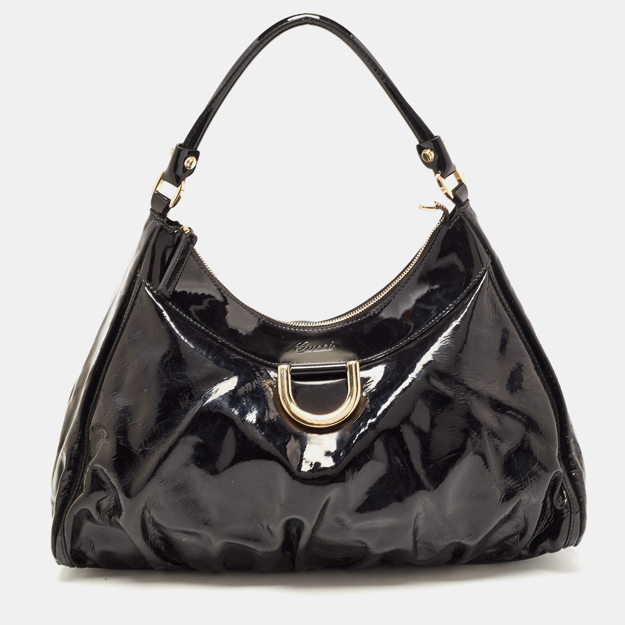 GUCCI Patent Large D Ring Hobo Black 1261760