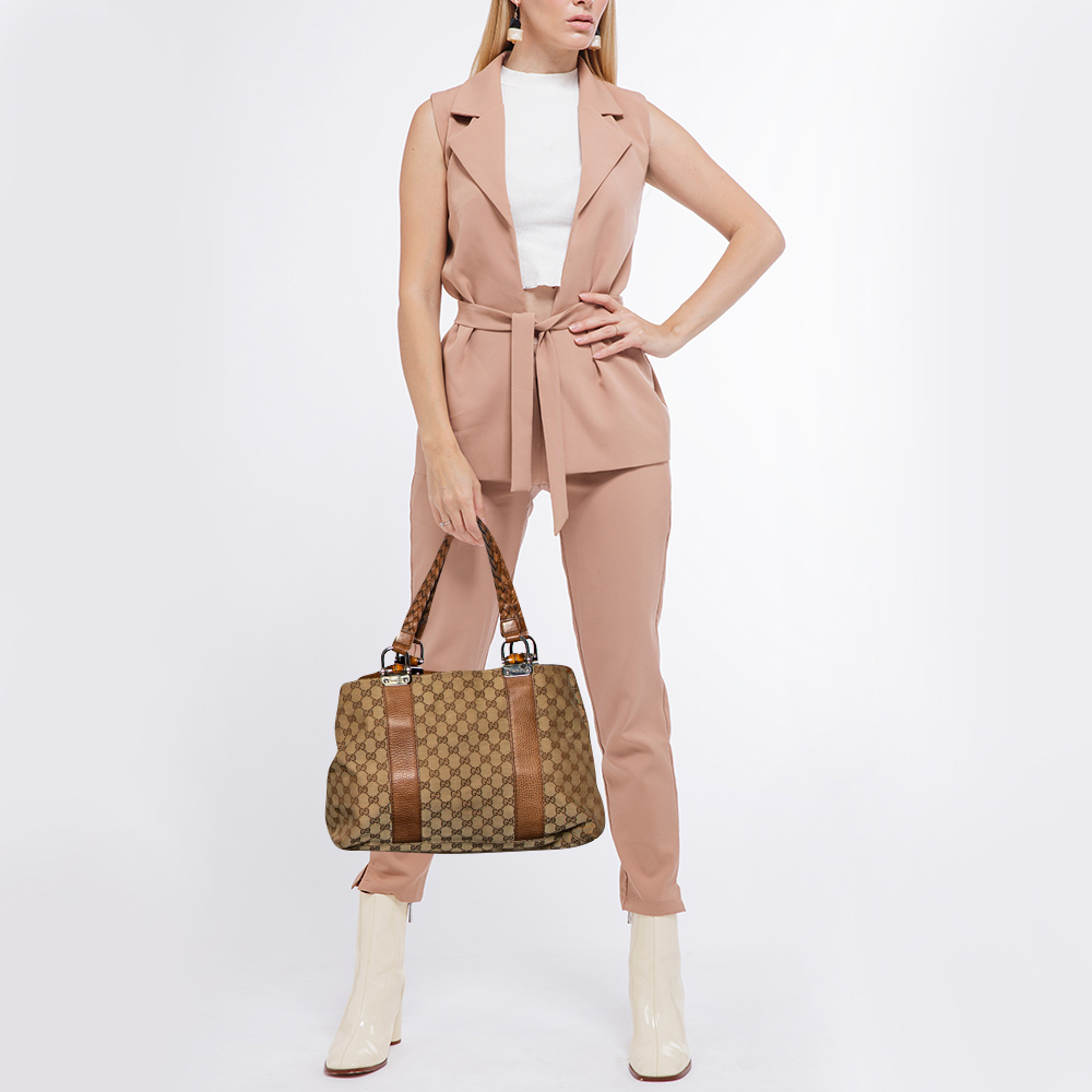 

Gucci Beige/Brown GG Canvas and Leather Medium Bamboo Bar Tote
