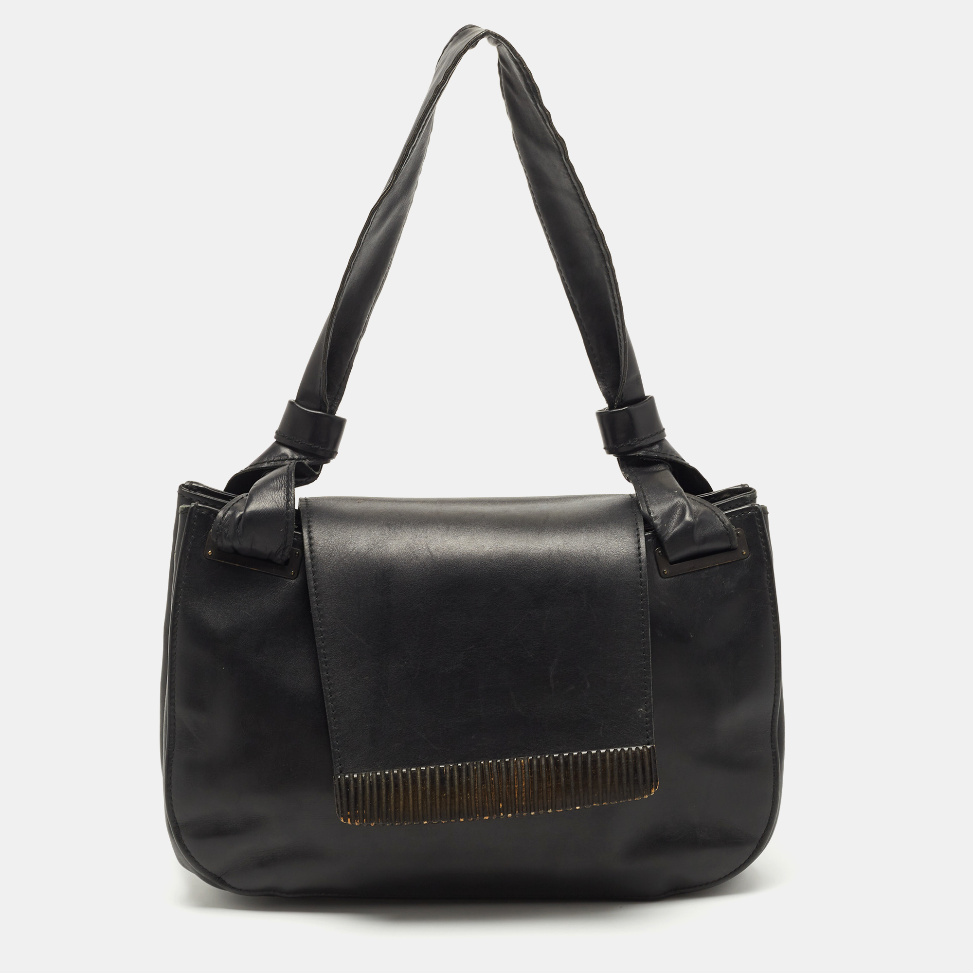 Pre-owned Gucci Black Leather Wood Flap Shoulder Bag