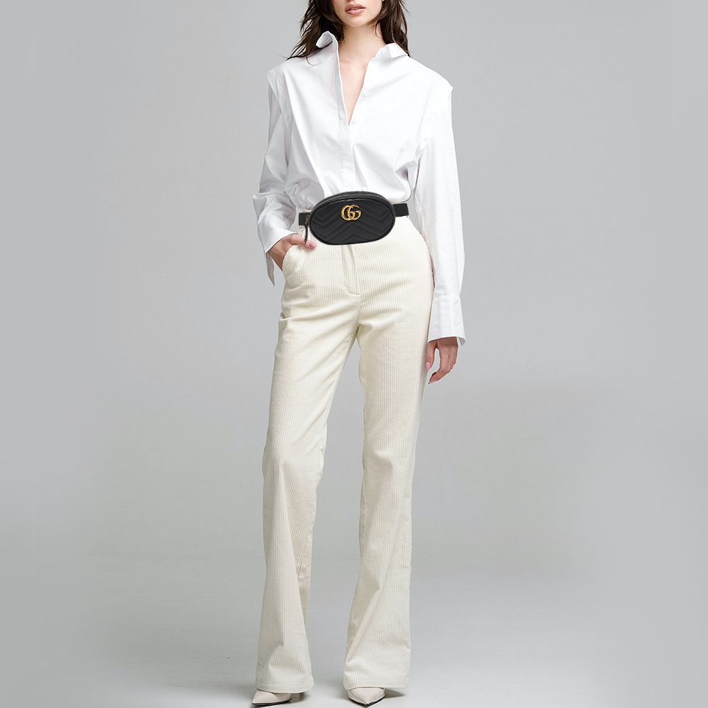 

Gucci Black Matelassé Leather GG Marmont Belt Bag