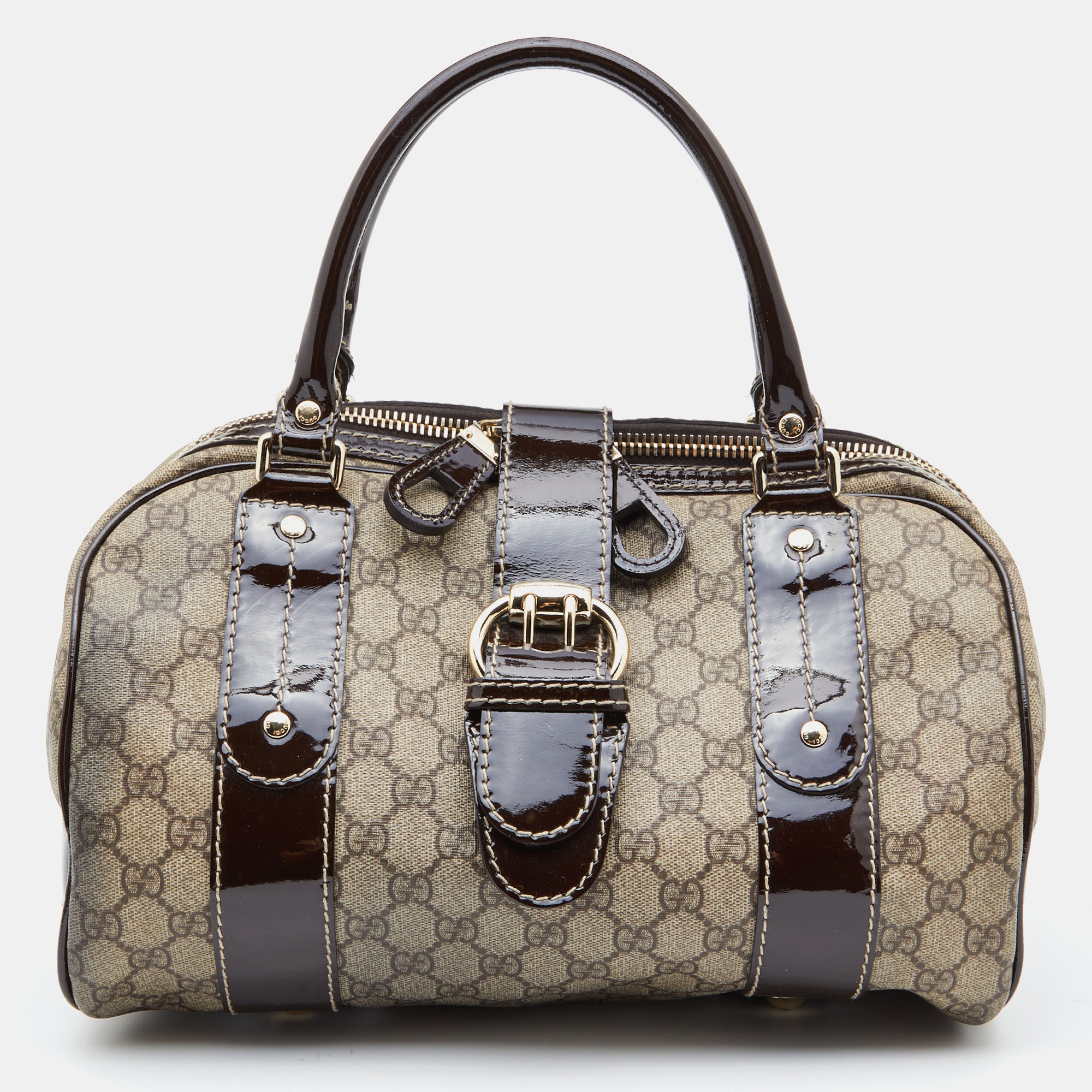 

Gucci Beige/Brown GG Supreme Canvas and Patent Leather Boston Bag