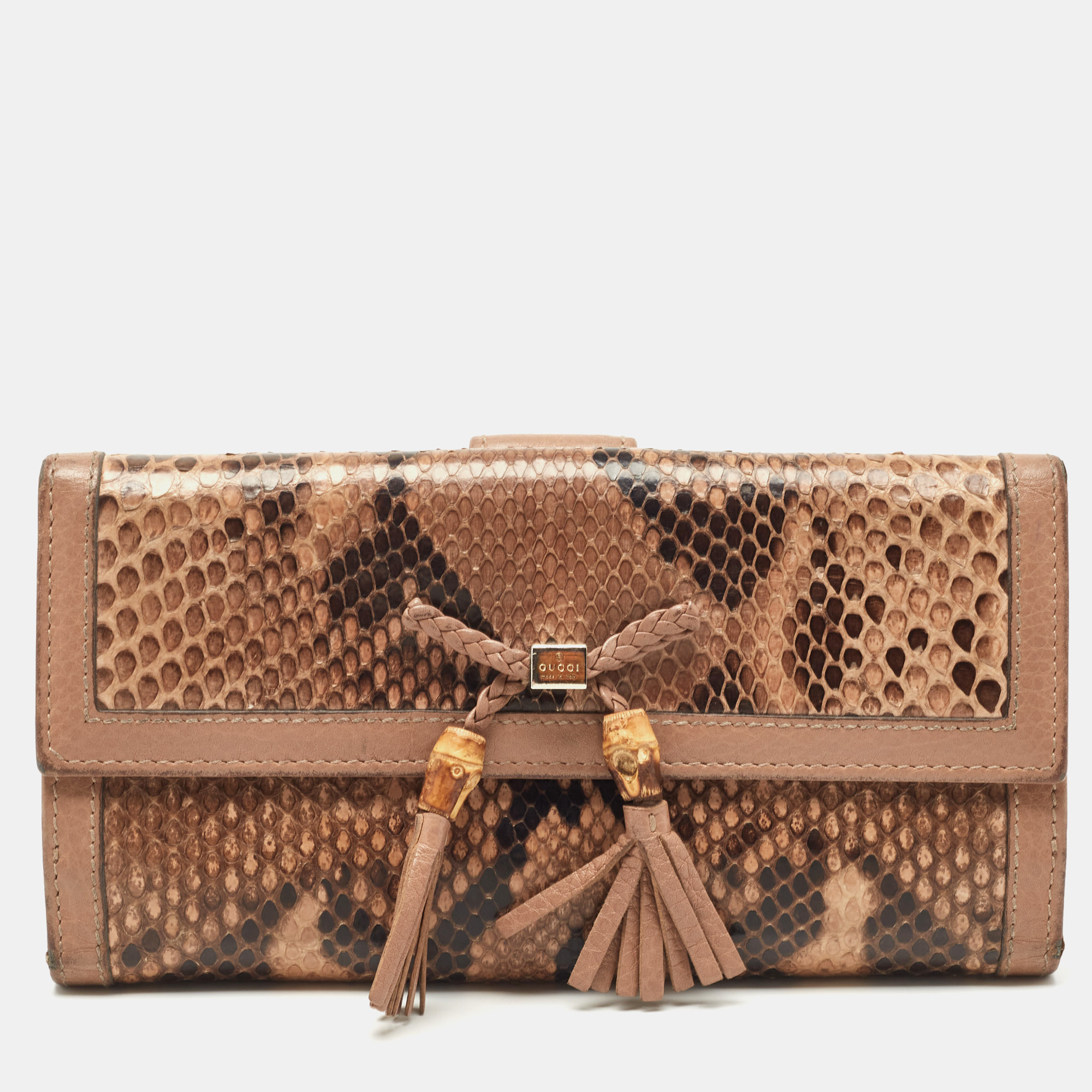 

Gucci Beige/Brown Python and Leather Bamboo Tassel Bella Continental Wallet