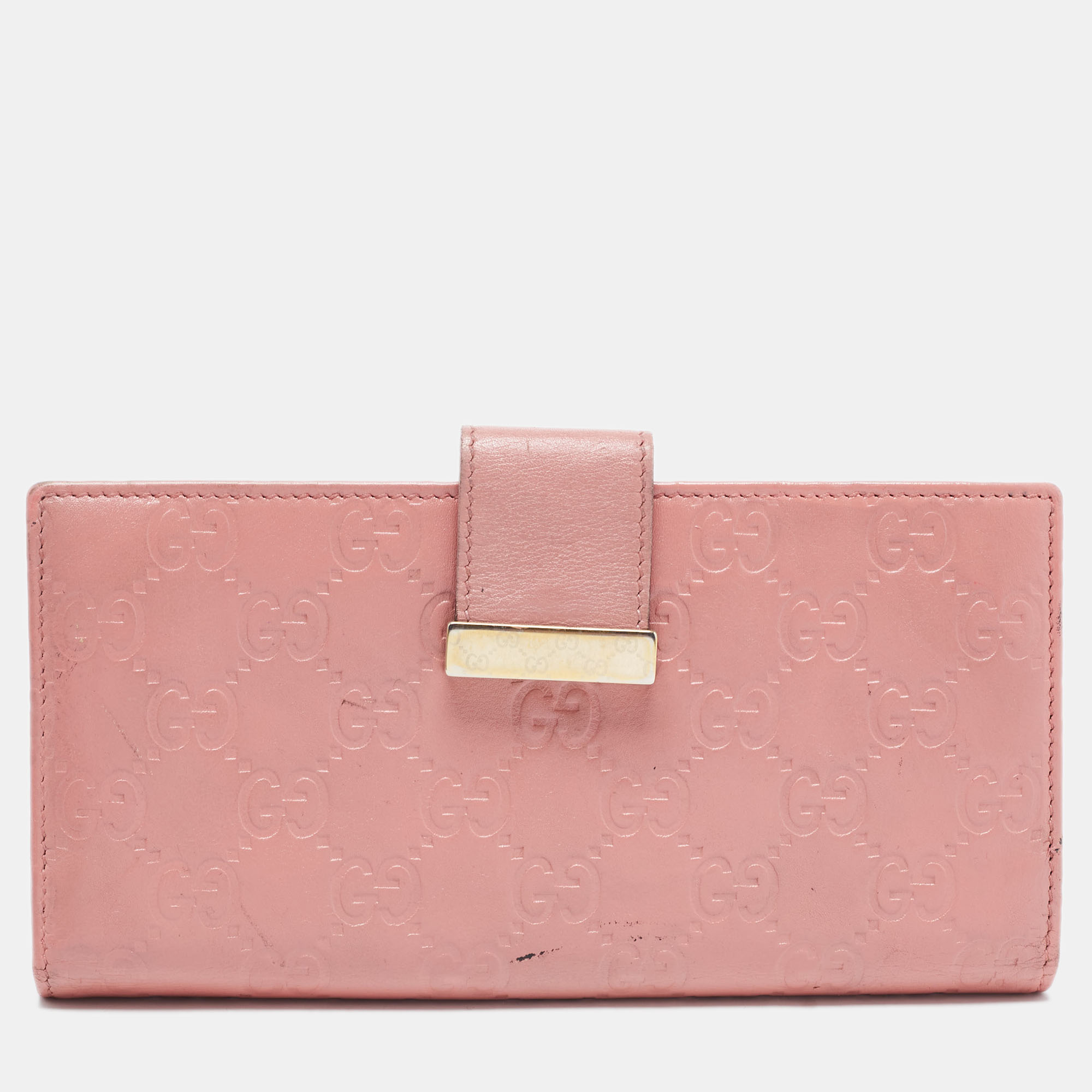 Pre-owned Gucci Ssima Leather Metal Flap Continental Wallet In Pink