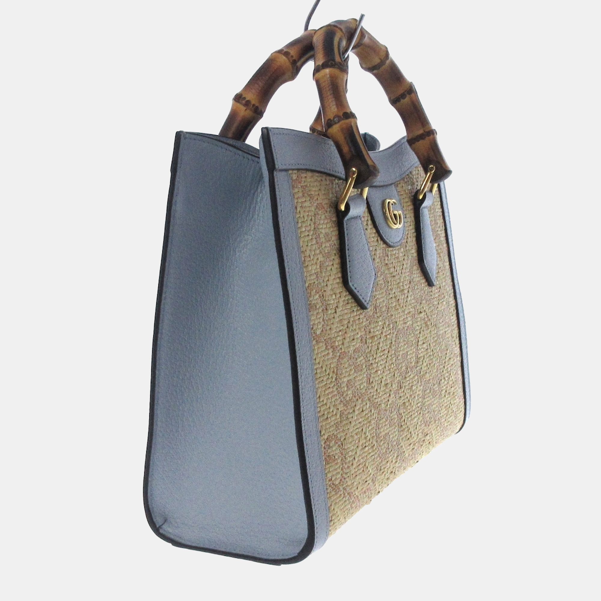 

Gucci Beige Canvas Raffia Leather Bamboo Tote Bag