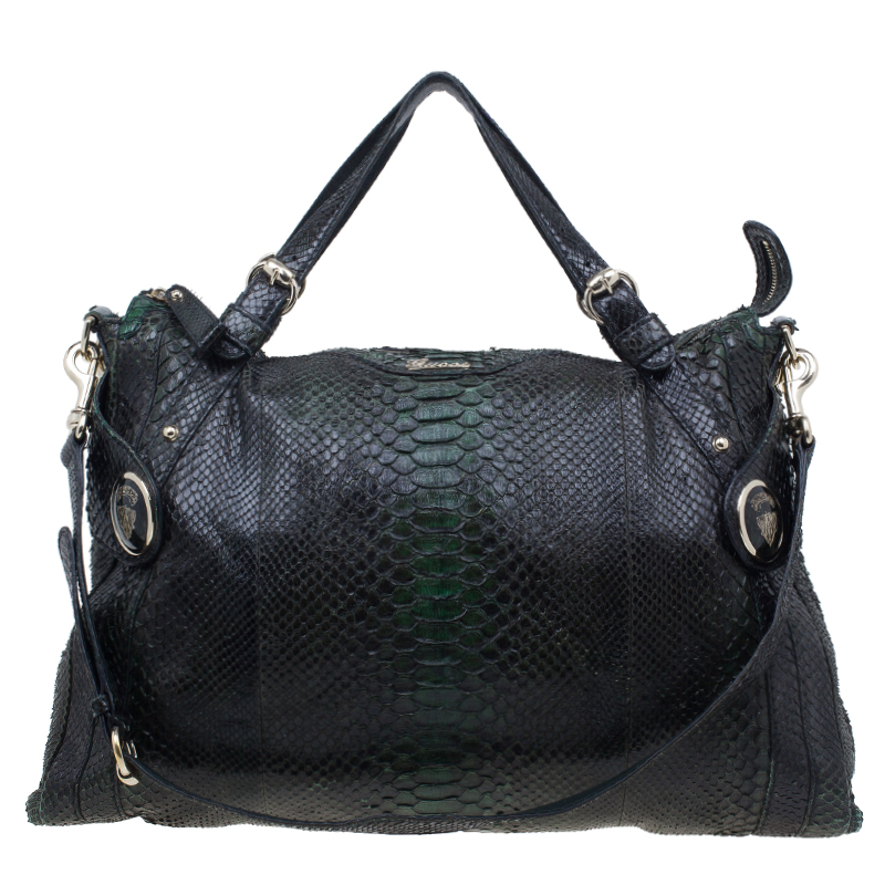 Pre Owned Gucci Dark Green Python Shopping Tote