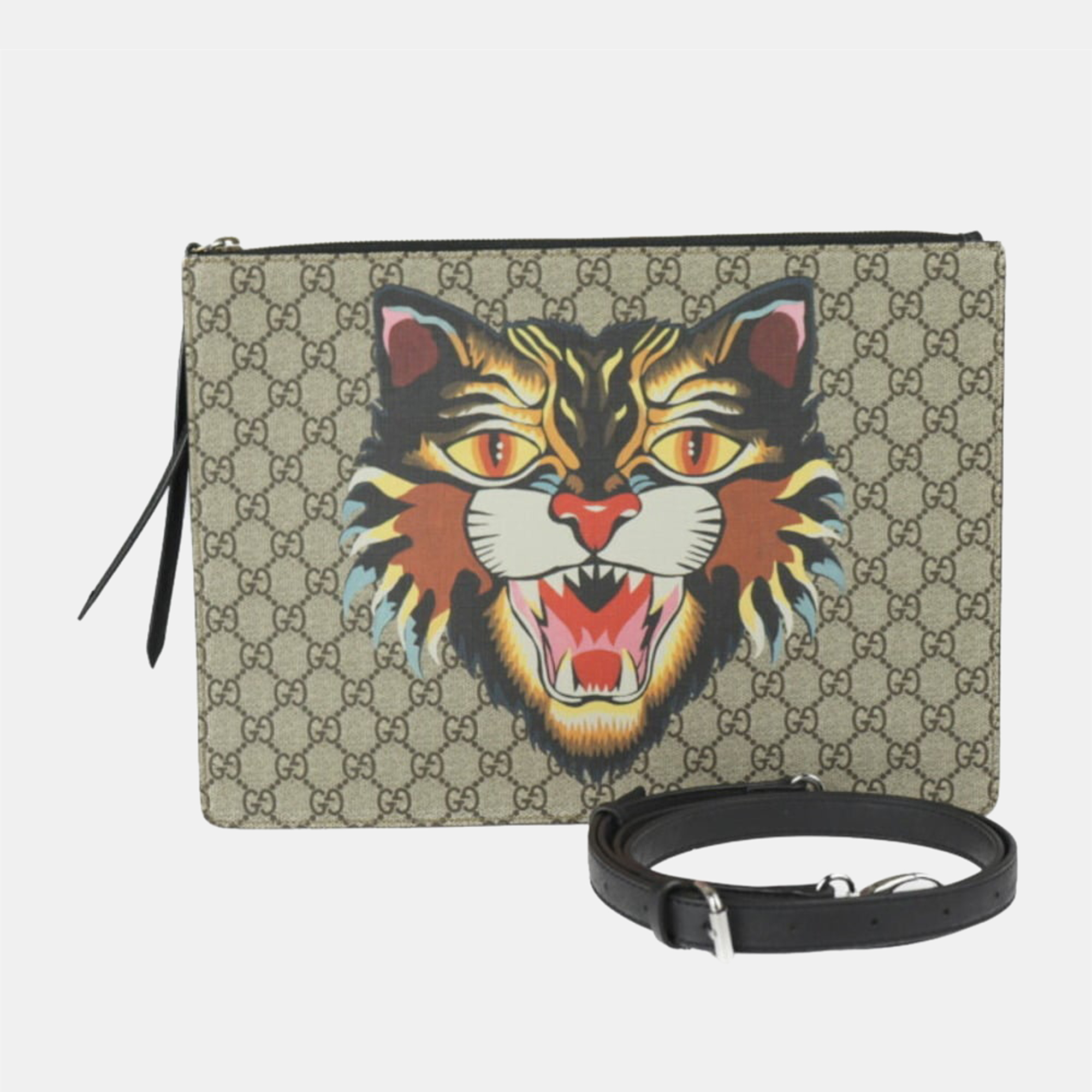 Pre-owned Gucci Beige Gg Canvas Angry Cat Pouch