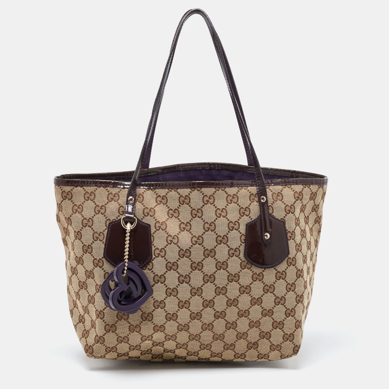 Pre-owned Gucci Beige/brown Gg Canvas And Patent Leather Small Jolie Web Charms Tote