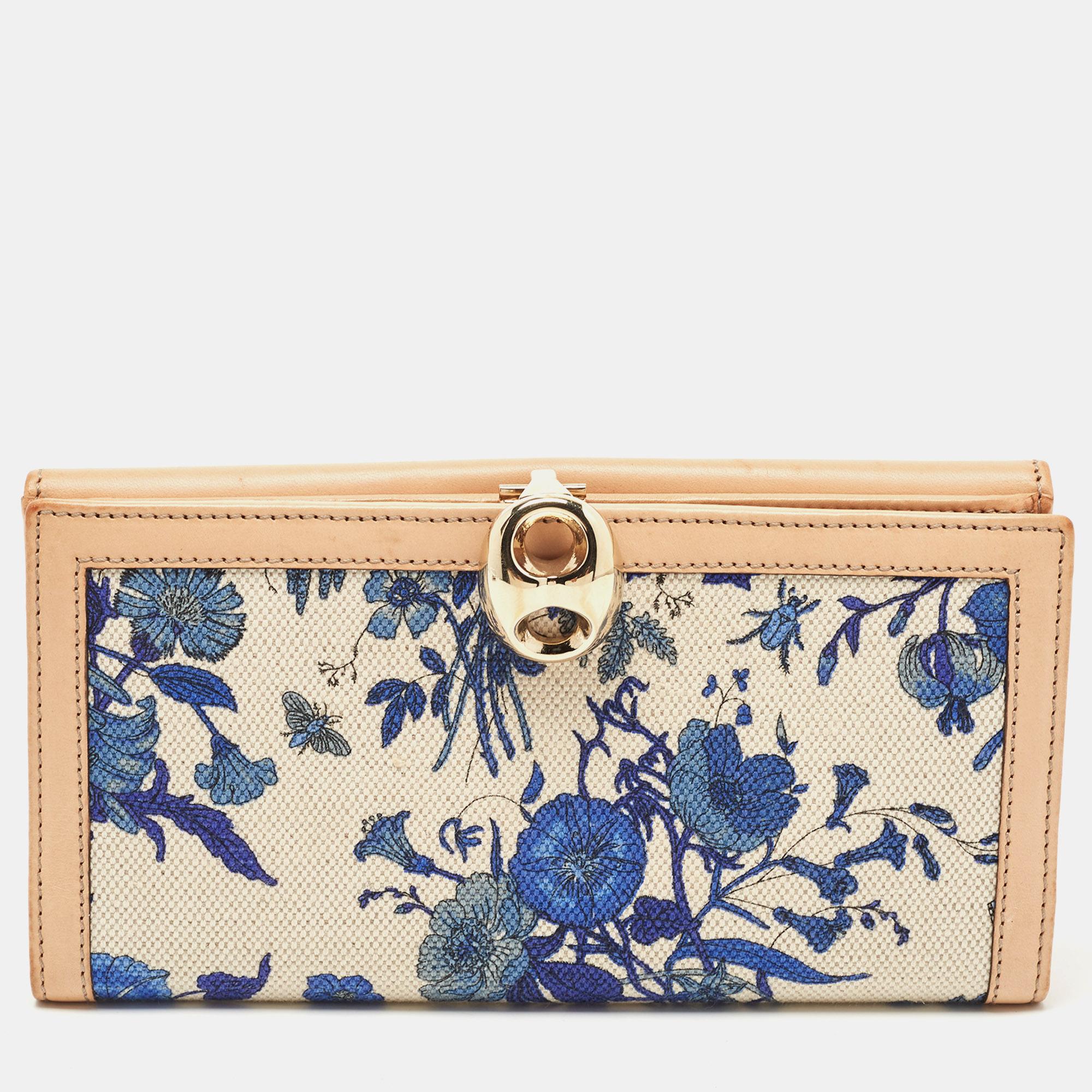 Pre-owned Gucci Blue/beige Floral Print Canvas And Leather Wave Continental Wallet