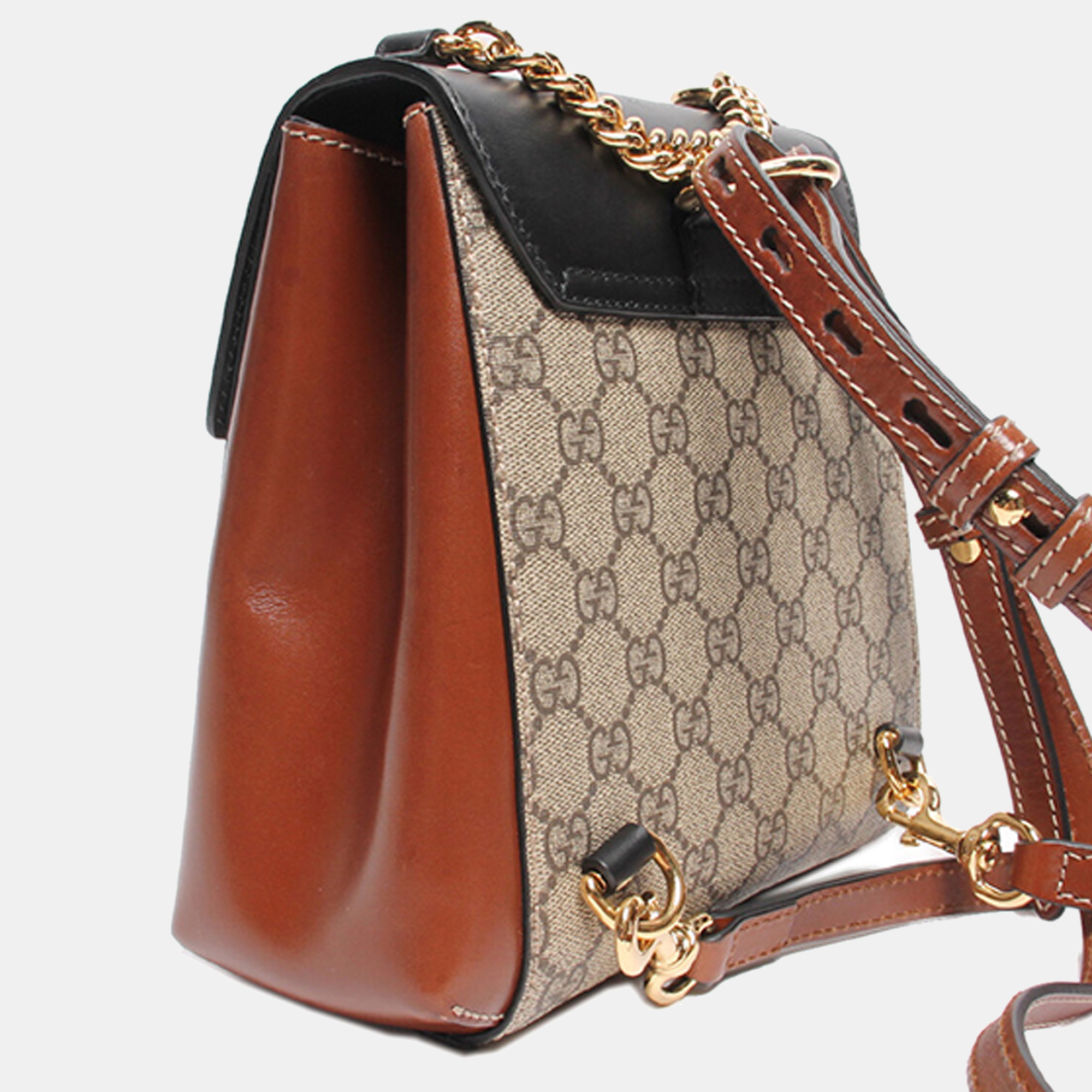 

Gucci Brown Canvas Leather GG Supreme Padlock Backpack, Beige