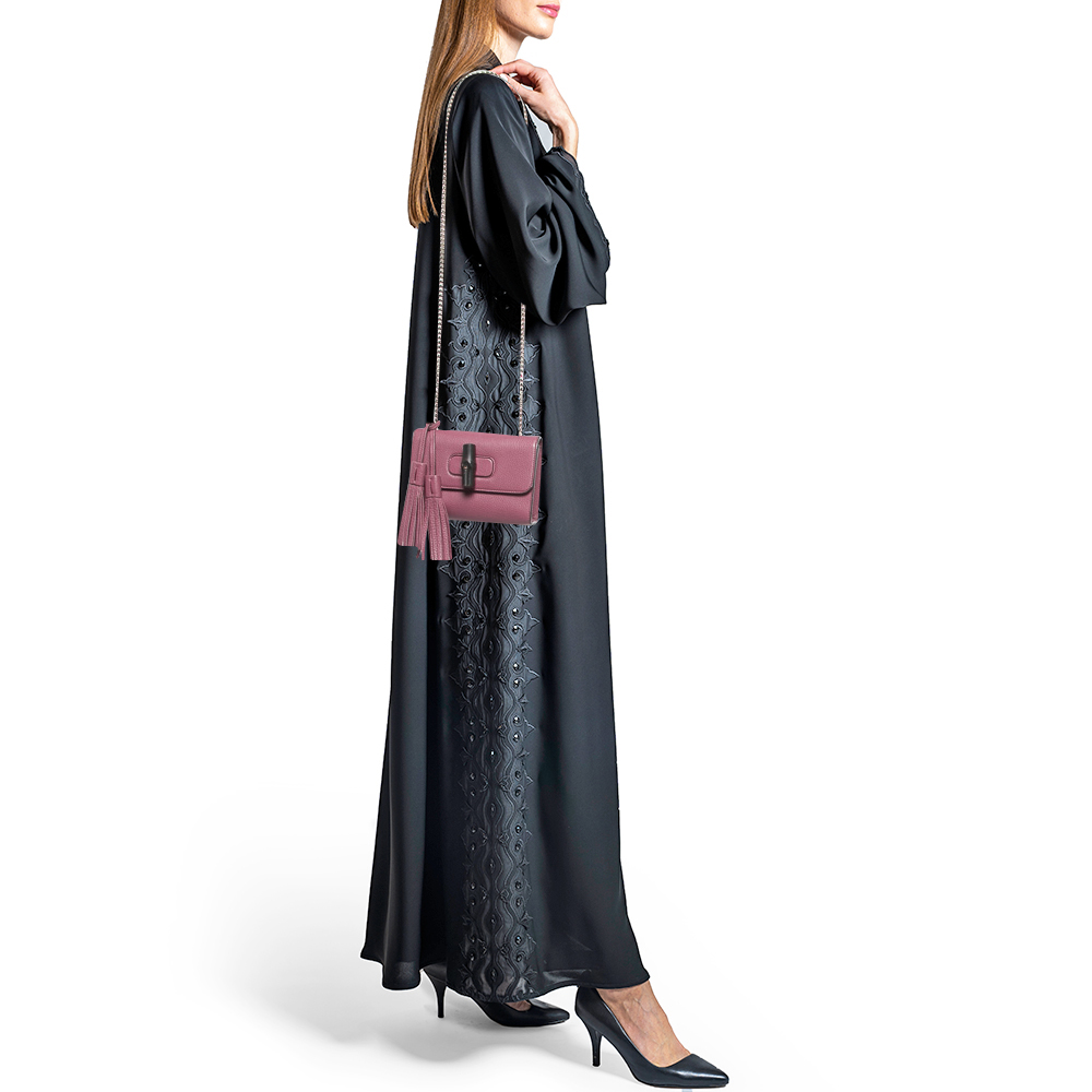 

Gucci Magenta Leather Miss Bamboo Tassel Chain Bag, Pink