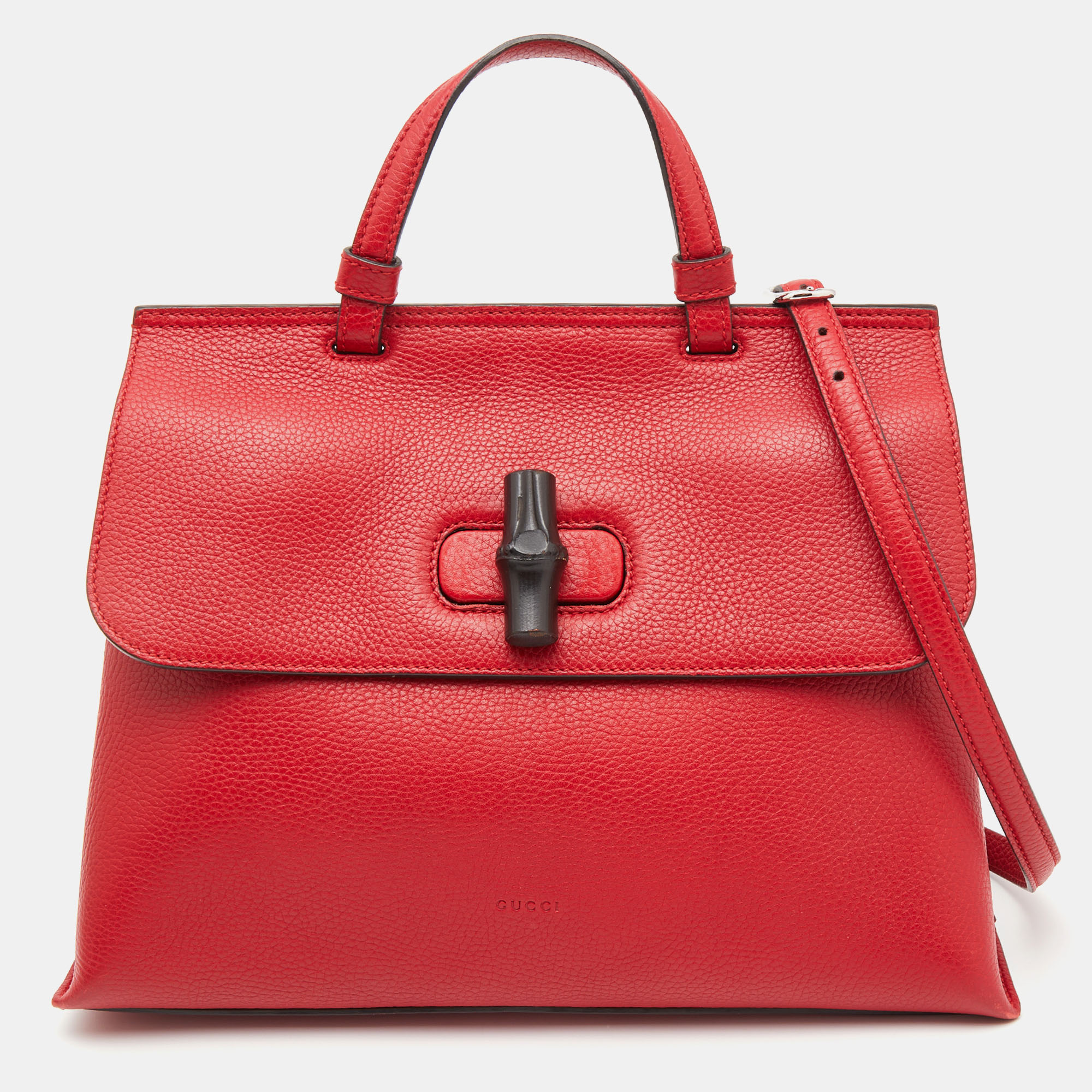 

Gucci Red Leather Medium Bamboo Daily Top Handle Bag