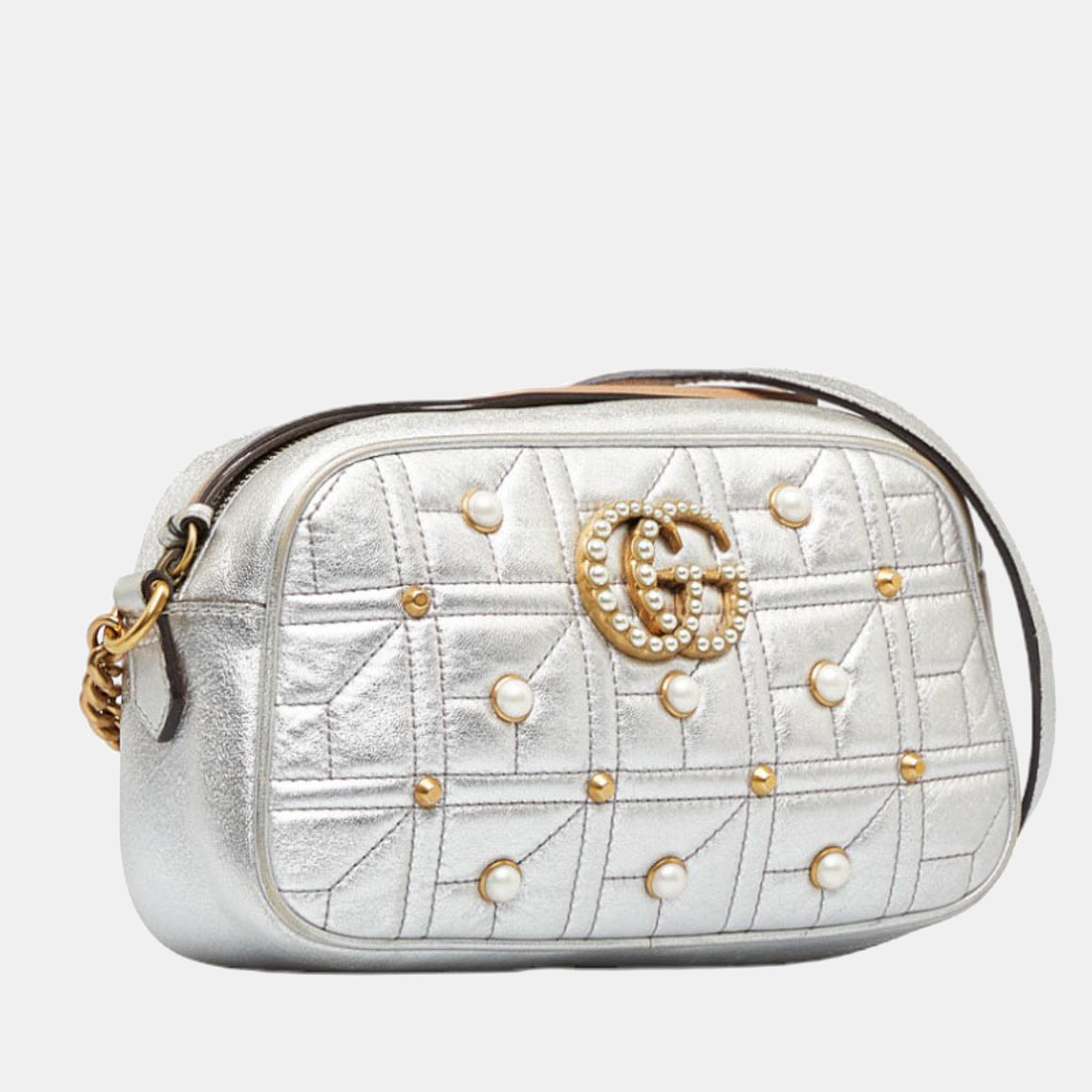 

Gucci Silver Leather GG Marmont Studded Crossbody Bag