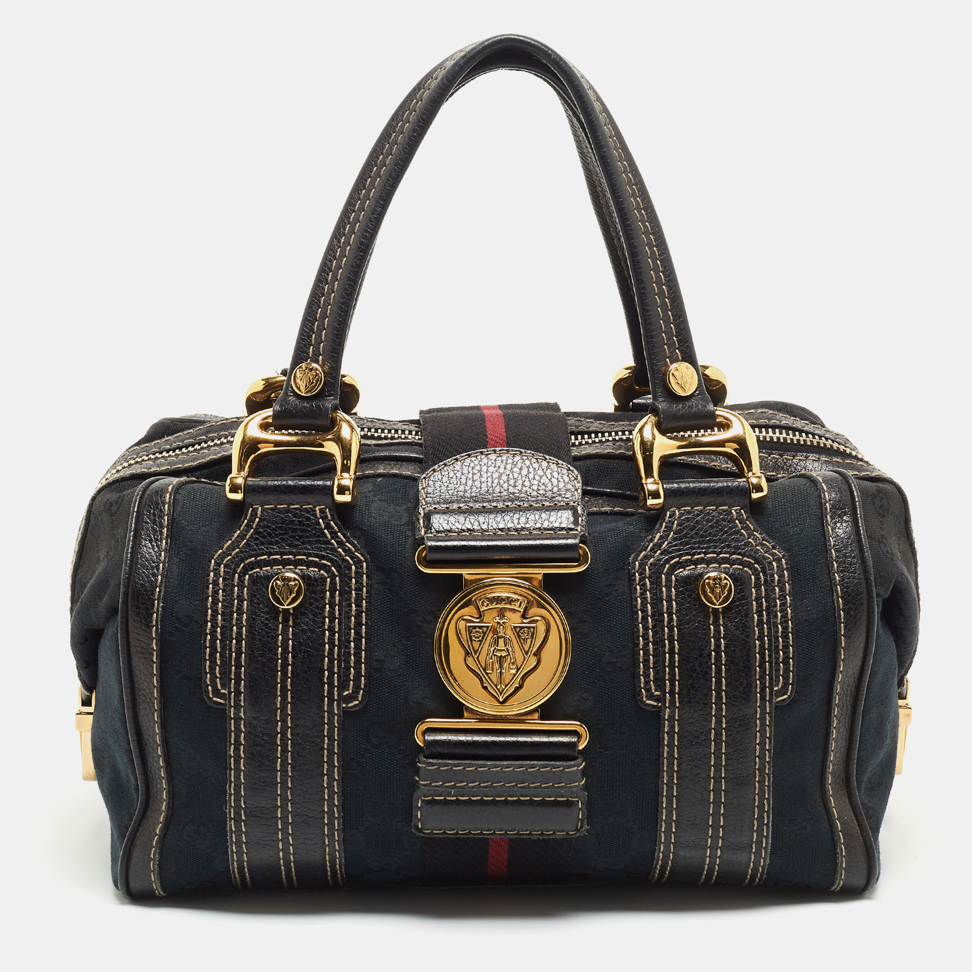 

Gucci Black GG Canvas Web Aviatrix  Boston Bag