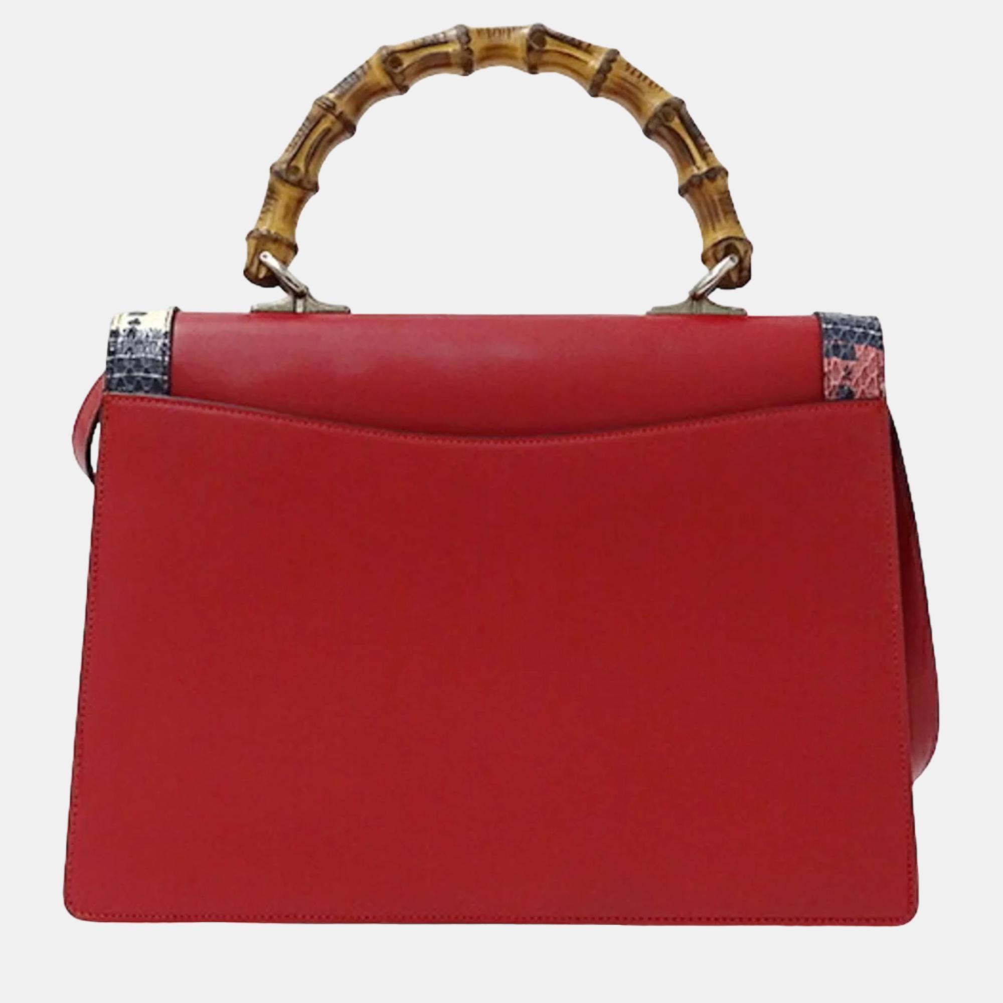 

Gucci Red Leather Medium Snakeskin-Trimmed Lilith Top Handle Bag