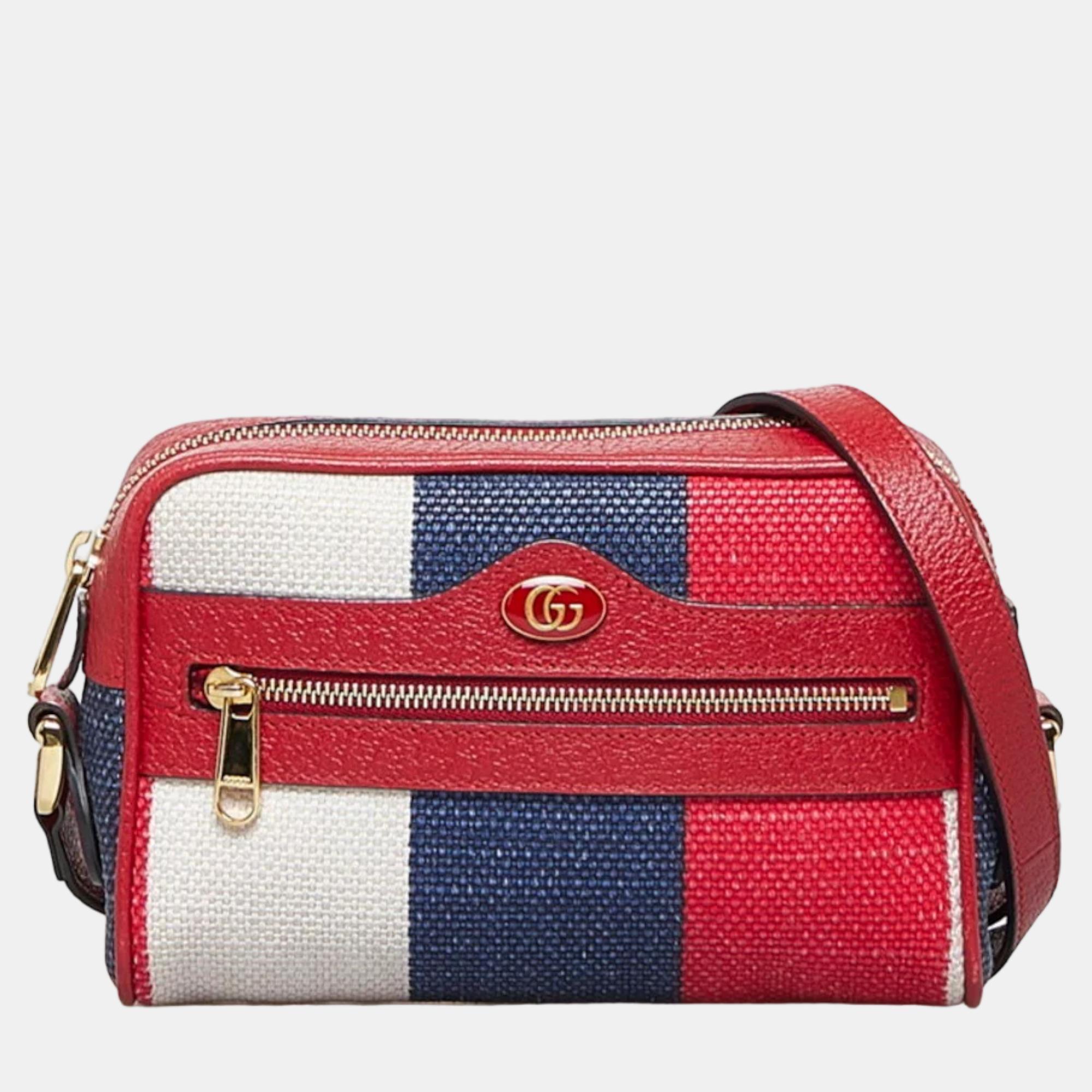 Pre-owned Gucci Red/blue Striped Canvas Mini Ophidia Shoulder Bag