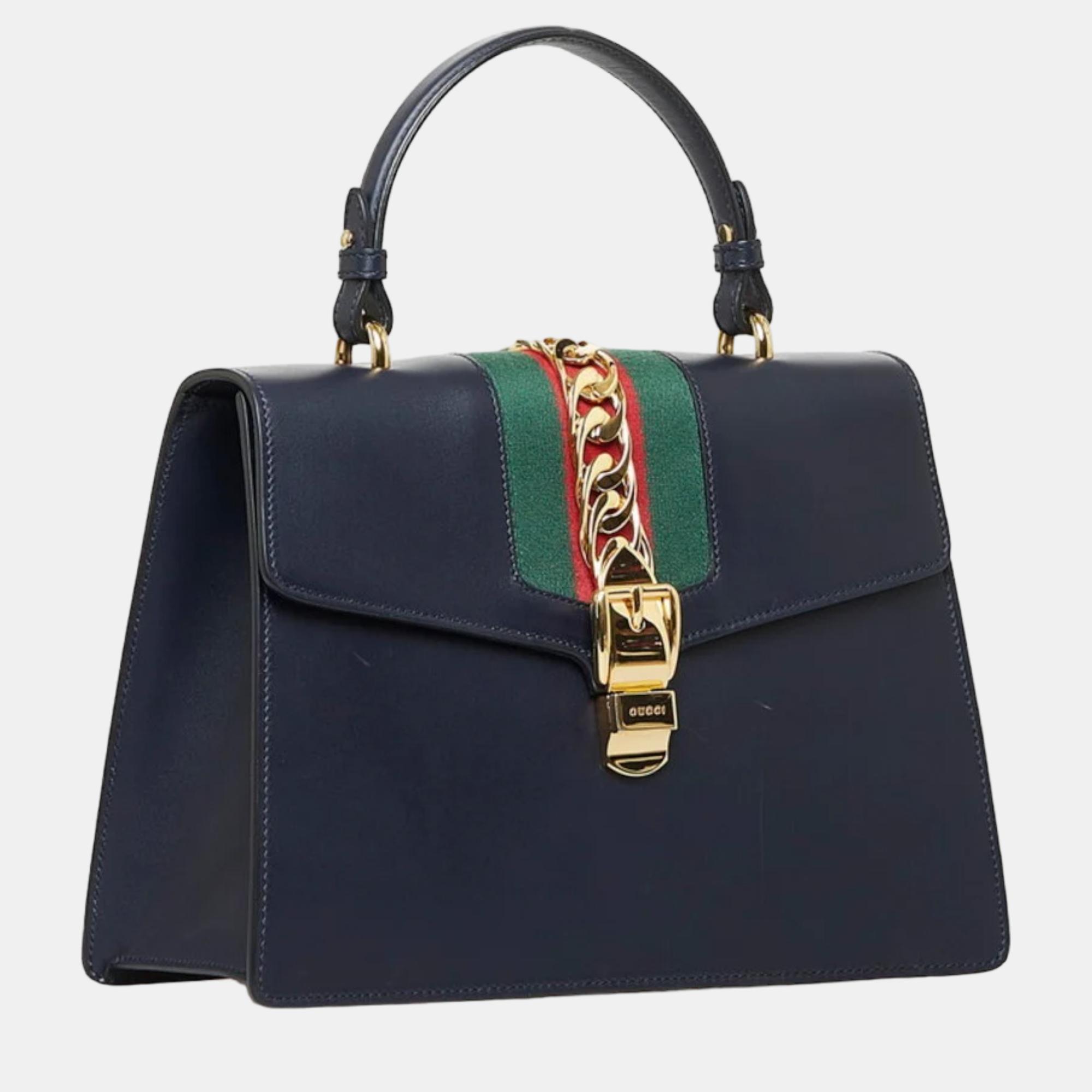 

Gucci Black Leather Medium Sylvie Top Handle Bag, Navy blue