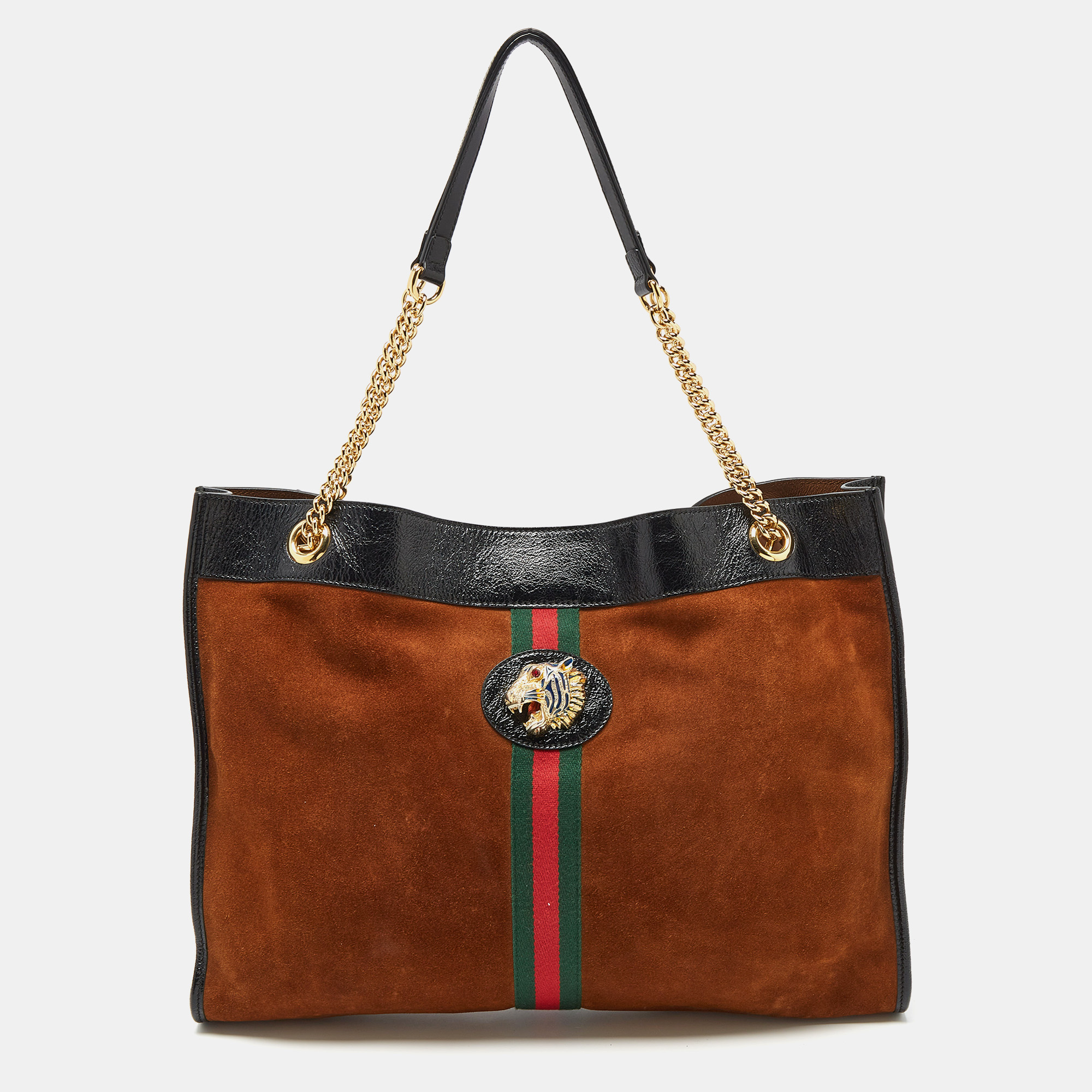 

Gucci Brown/Black Suede and Patent Leather Large Rajah Tote