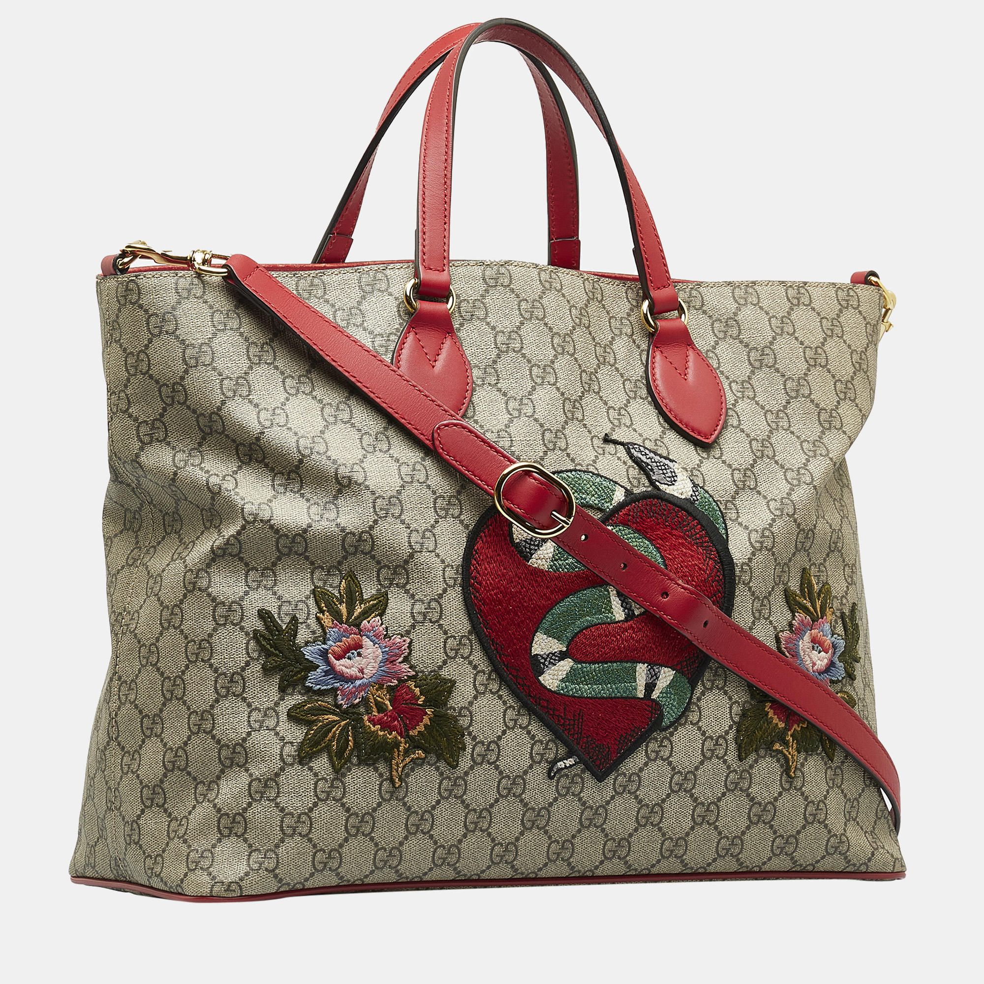 

Gucci Beige/Multicolor GG Supreme Embroidered Kingsnake Heart Shopper Bag