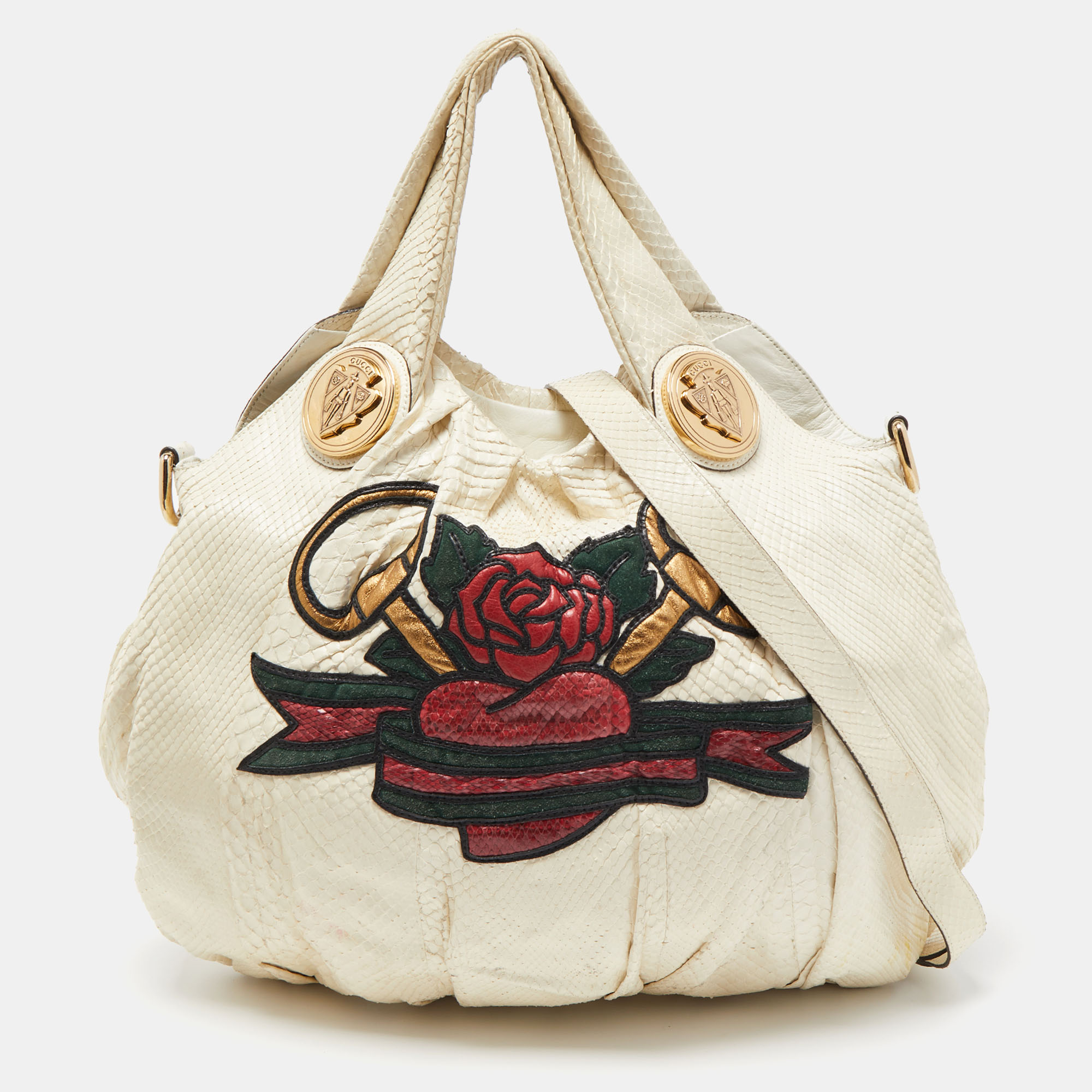 Pre-owned Gucci Cream Python Large Tattoo Edition Hysteria Hobo